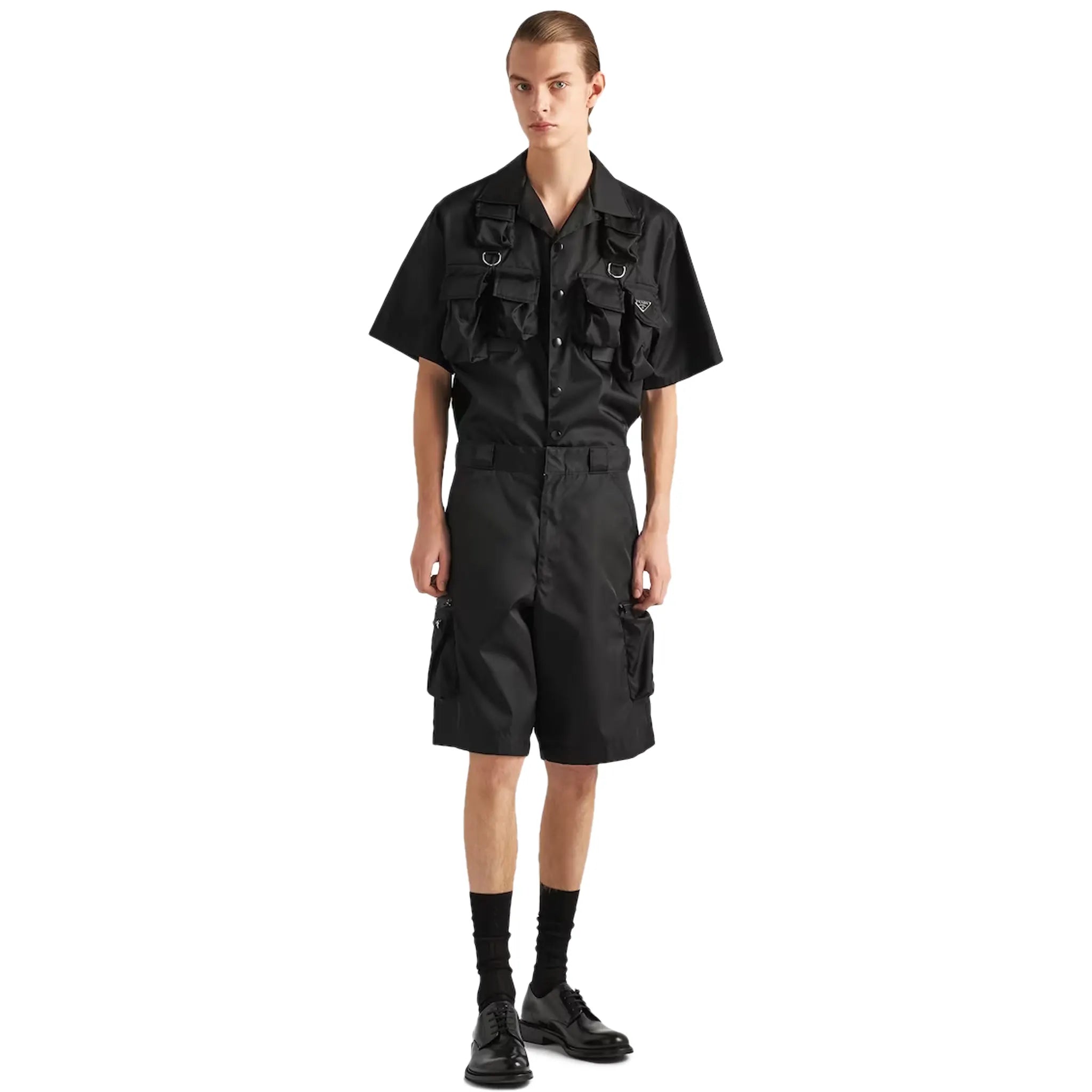 Model Front view of Prada Short Sleeved Nylon Black Shirt SC768_1WQ8_F0002_S_OOO