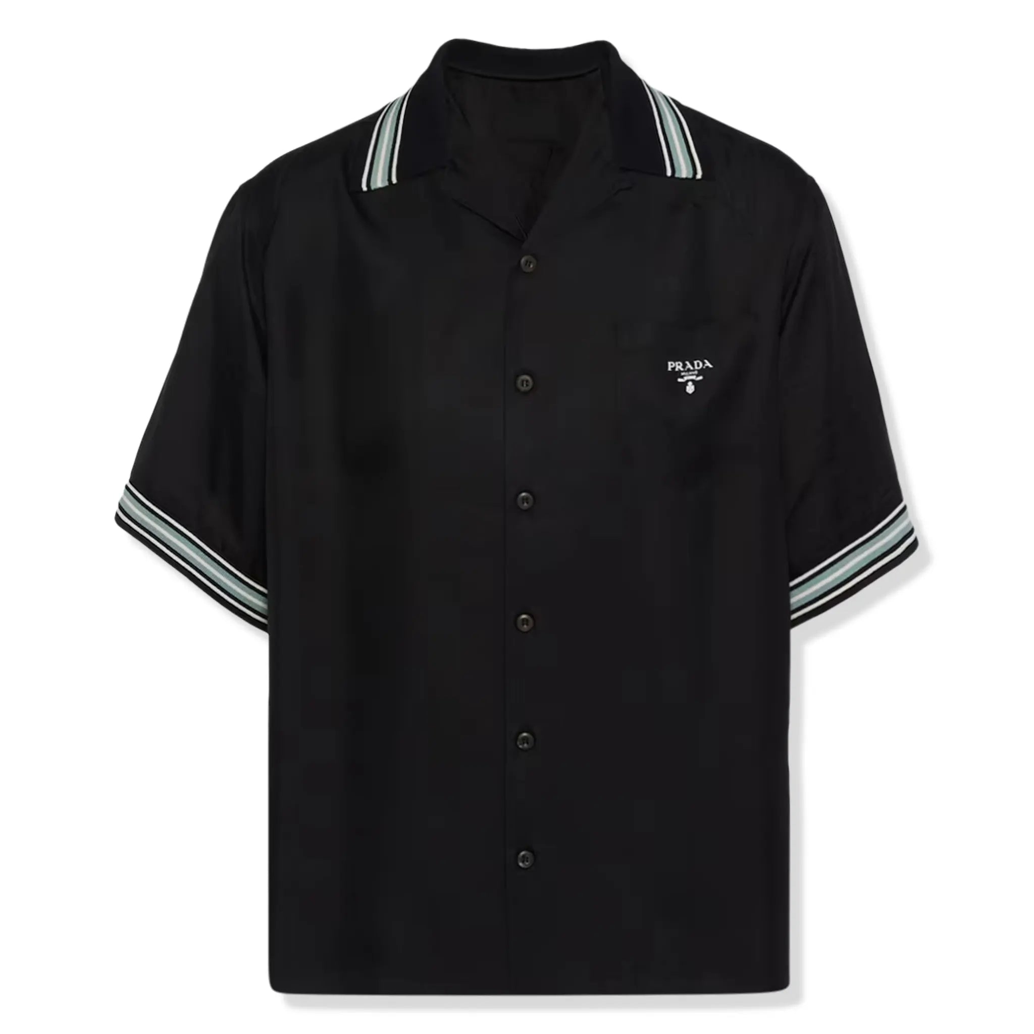 Front view of Prada Silk Twill Short Sleeved Logo Black Shirt UCS501_1QWC_F0002_S_OOO