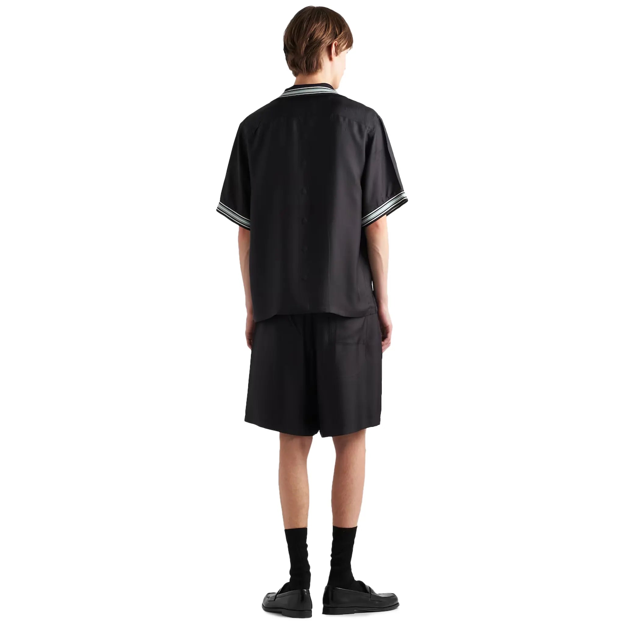 Model view of Prada Silk Twill Short Sleeved Logo Black Shirt UCS501_1QWC_F0002_S_OOO
