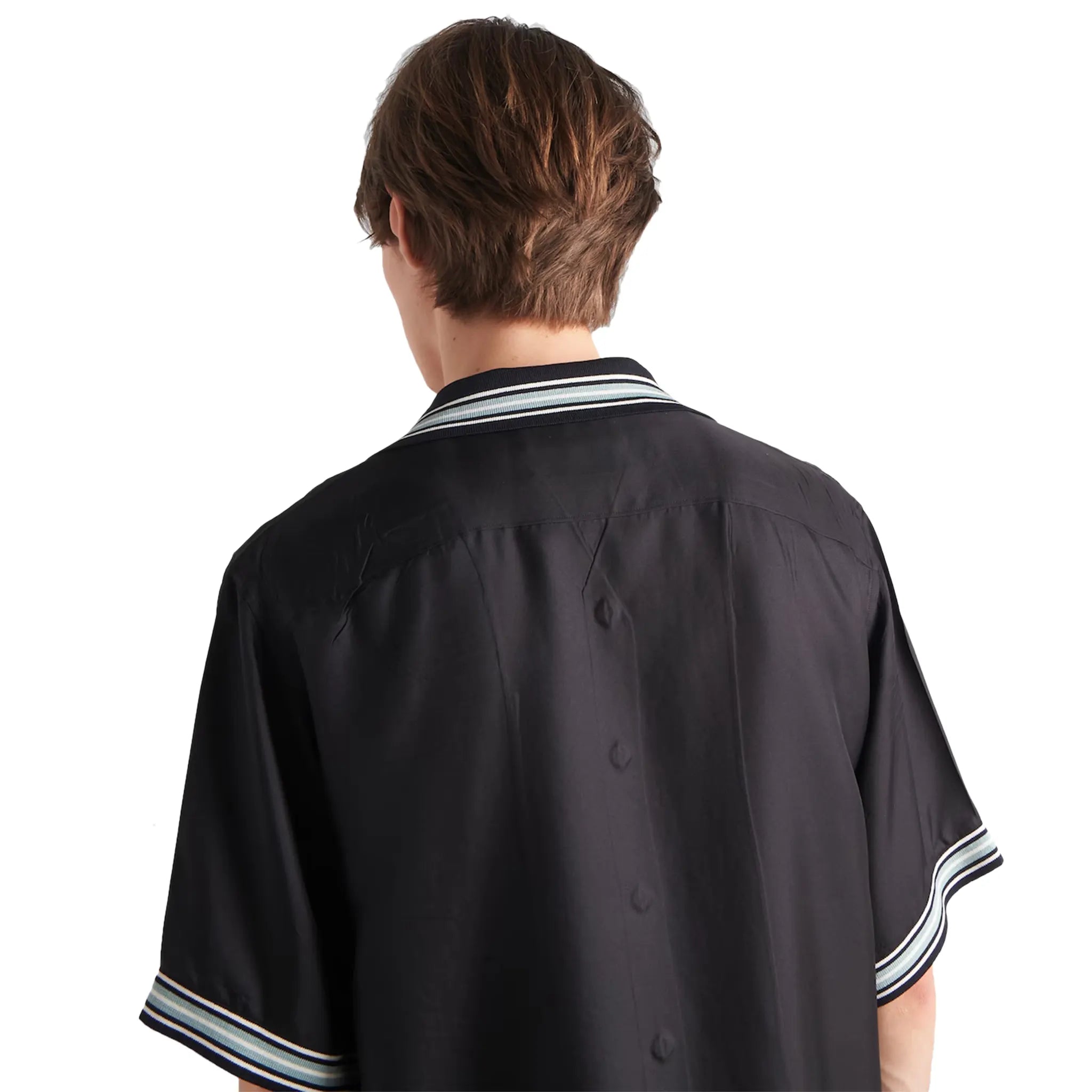 Model Back view of Prada Silk Twill Short Sleeved Logo Black Shirt UCS501_1QWC_F0002_S_OOO