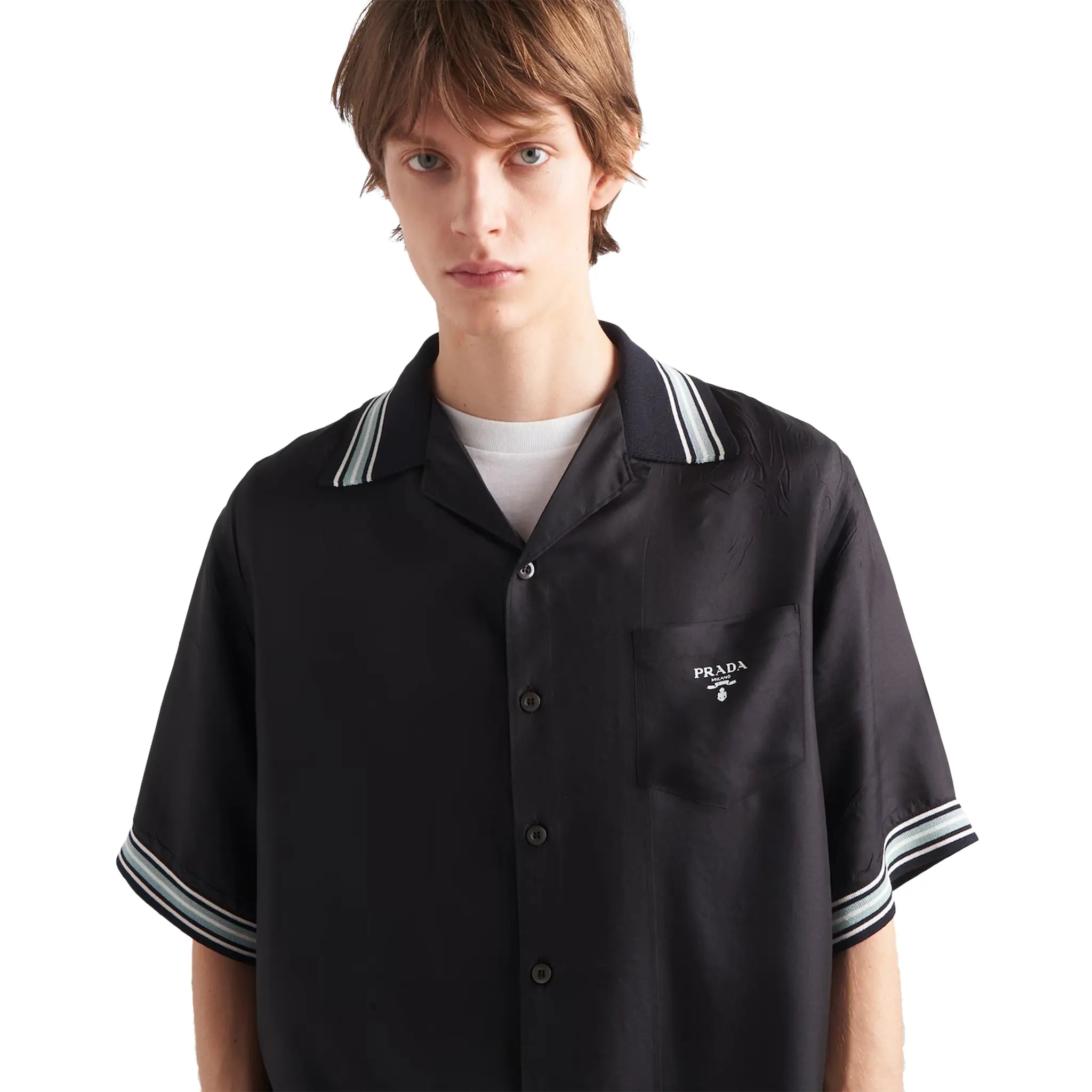 Model Front view of Prada Silk Twill Short Sleeved Logo Black Shirt UCS501_1QWC_F0002_S_OOO