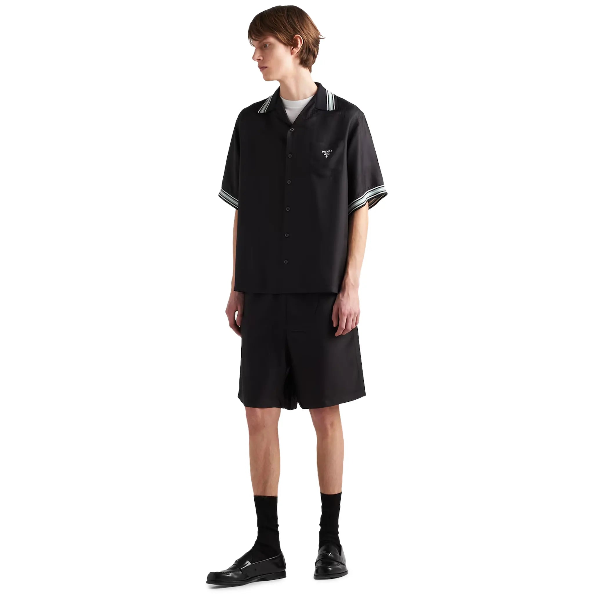 Model view of Prada Silk Twill Short Sleeved Logo Black Shirt UCS501_1QWC_F0002_S_OOO