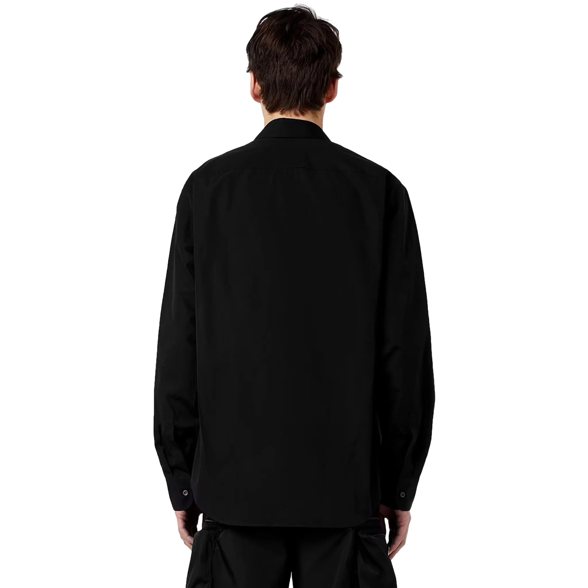Model Back view of Prada Triangle Logo Long-Sleeved Black T Shirt UCN549SOOO1XV2