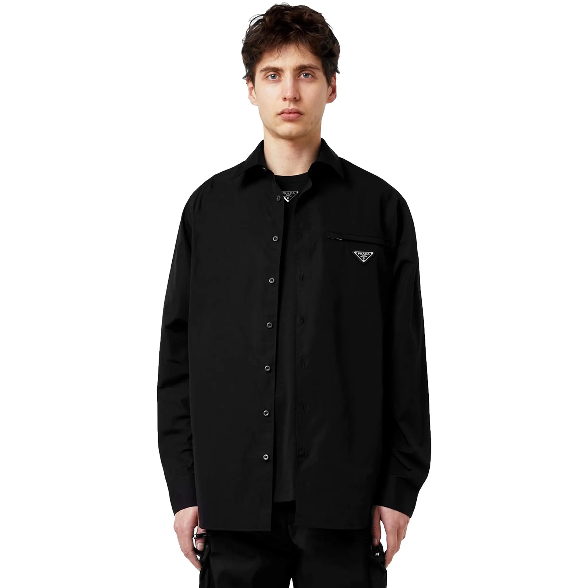 Model Front view of Prada Triangle Logo Long-Sleeved Black T Shirt UCN549SOOO1XV2