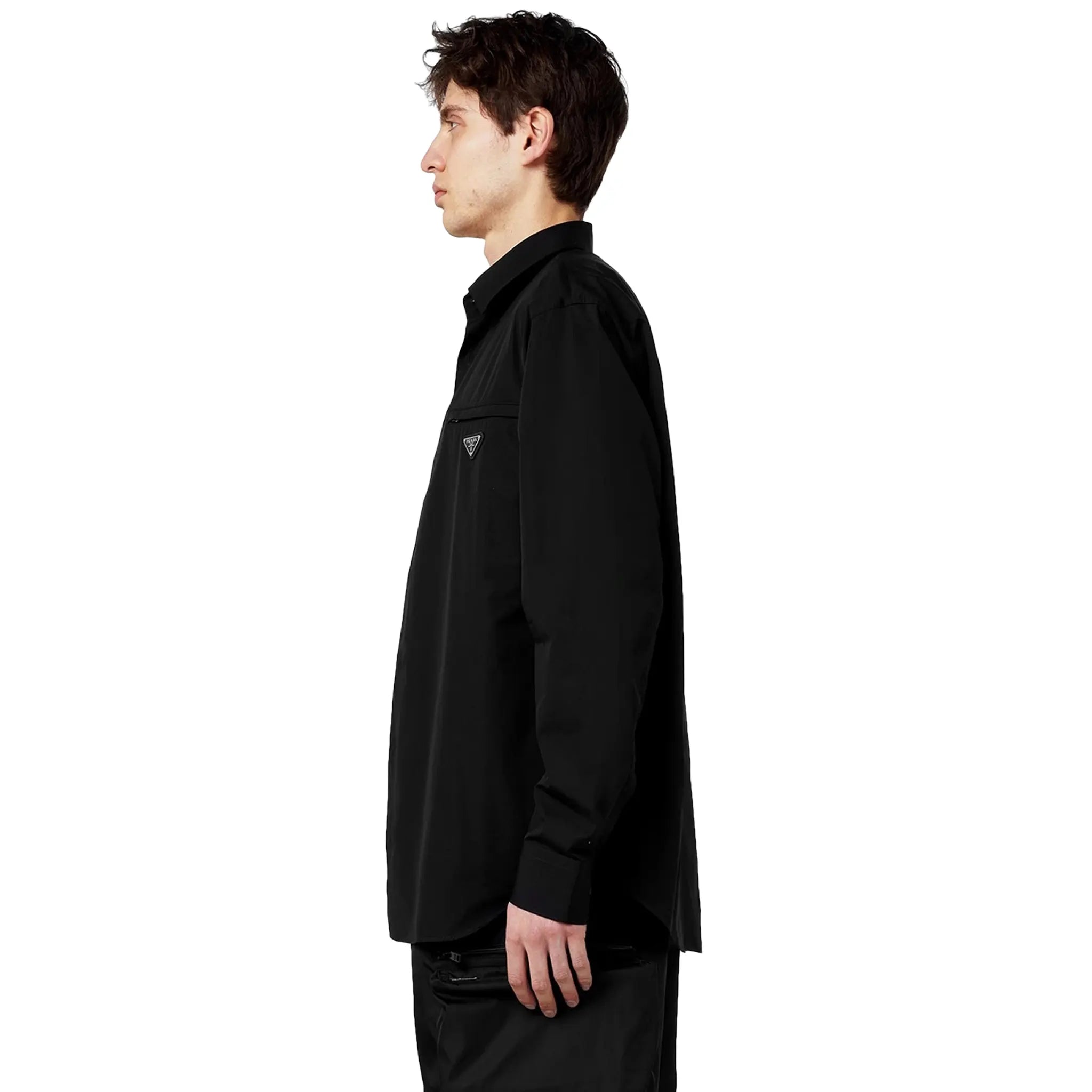 Model Side view of Prada Triangle Logo Long-Sleeved Black T Shirt UCN549SOOO1XV2