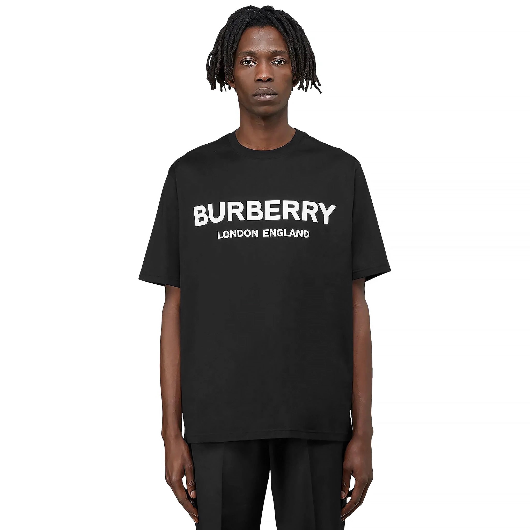 Model front view of Preloved - Burberry Letchford Logo Black T Shirt 8026016