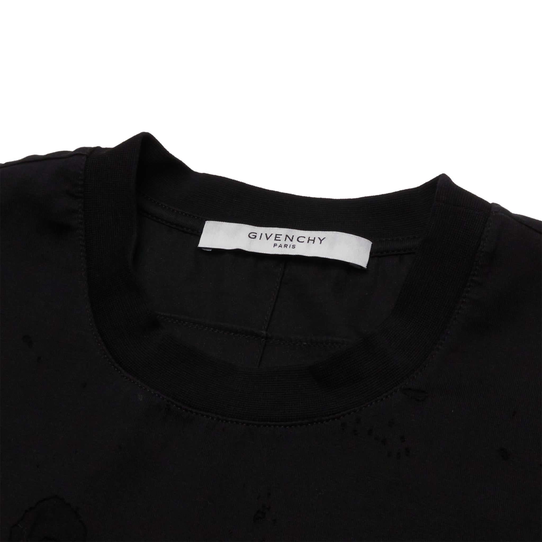 Neck view of Preloved - Givenchy Paris Distressed Logo Black White T Shirt