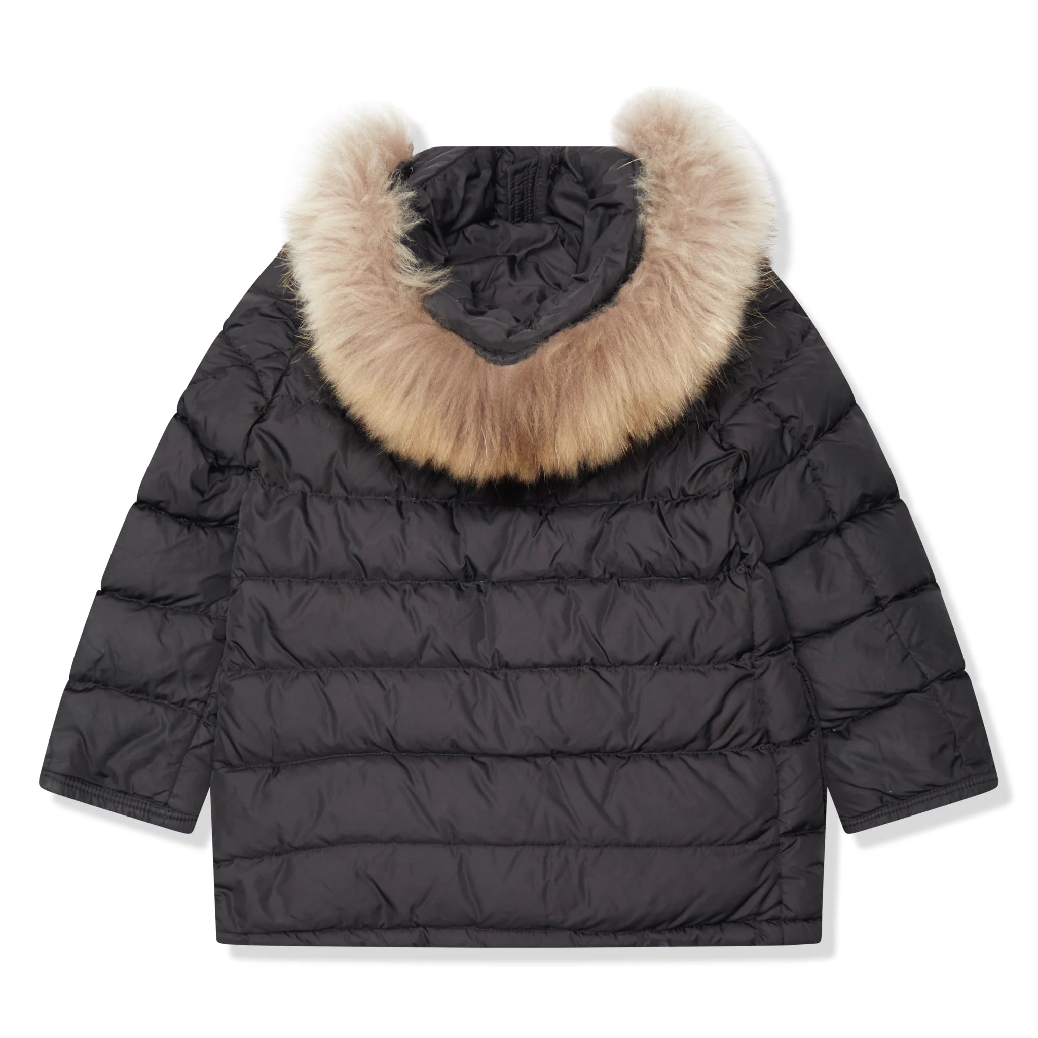 Back view of Preloved - Moncler Cluny Black Short Down 100% Real Fur Kids Parka Jacket 