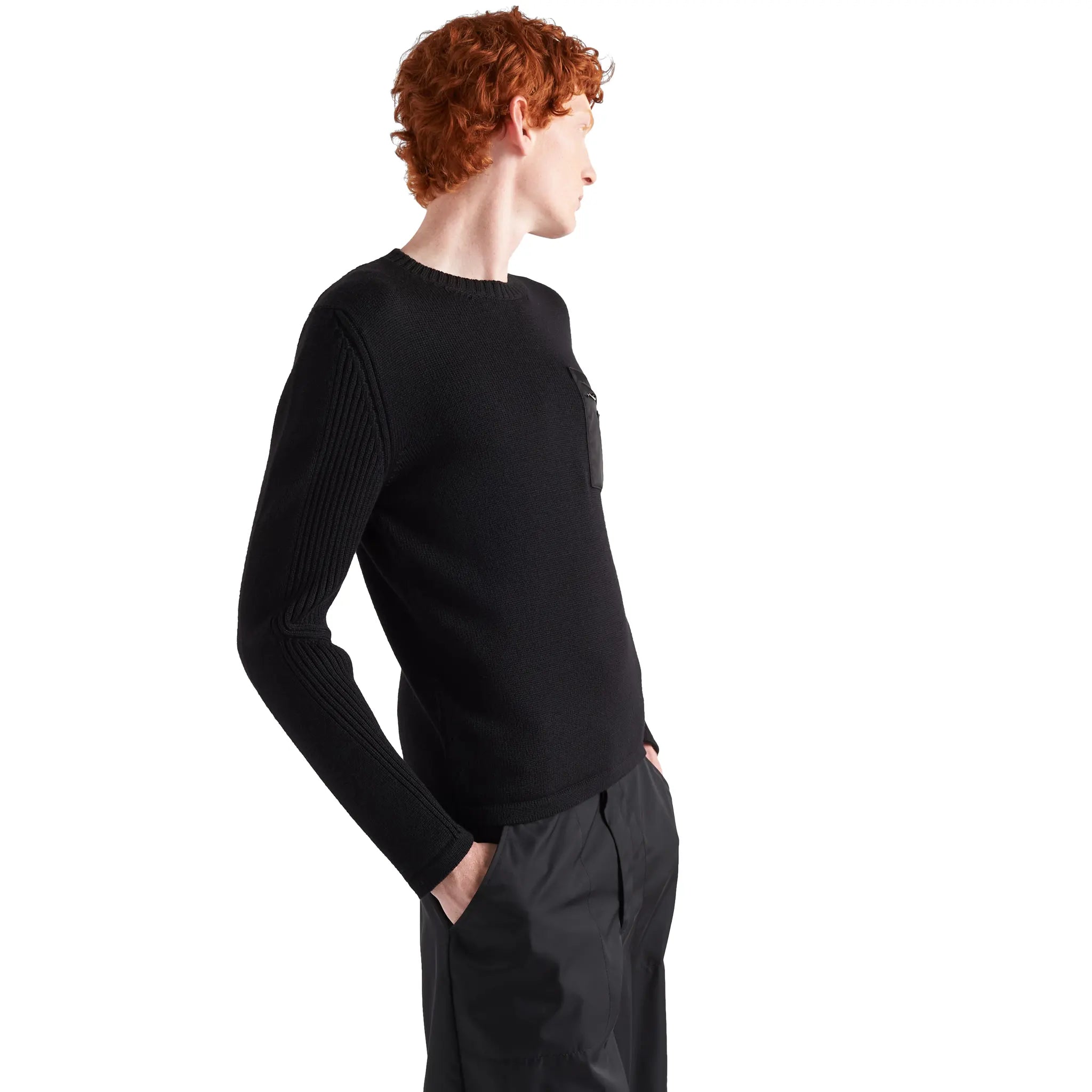 Model side view of Preloved - Prada Black Wool Sweatshirt UMB049_1W4X_F0002_S_202