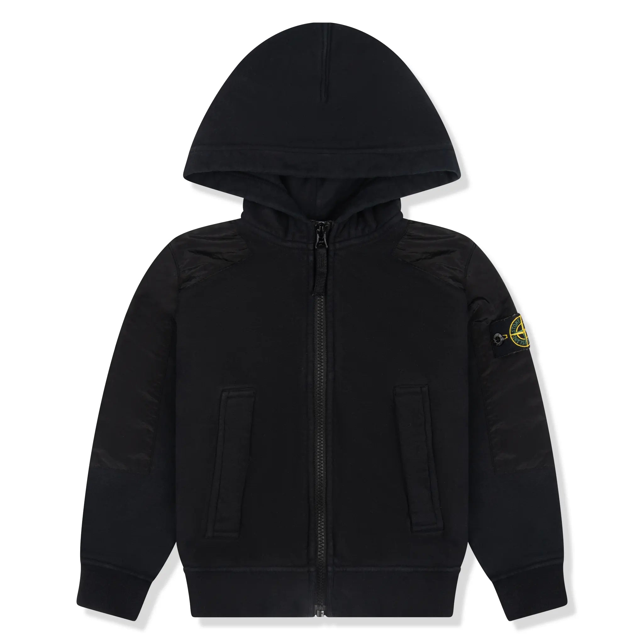 Front View of preloved-stone island junior nylon shoulder zip black hoodie