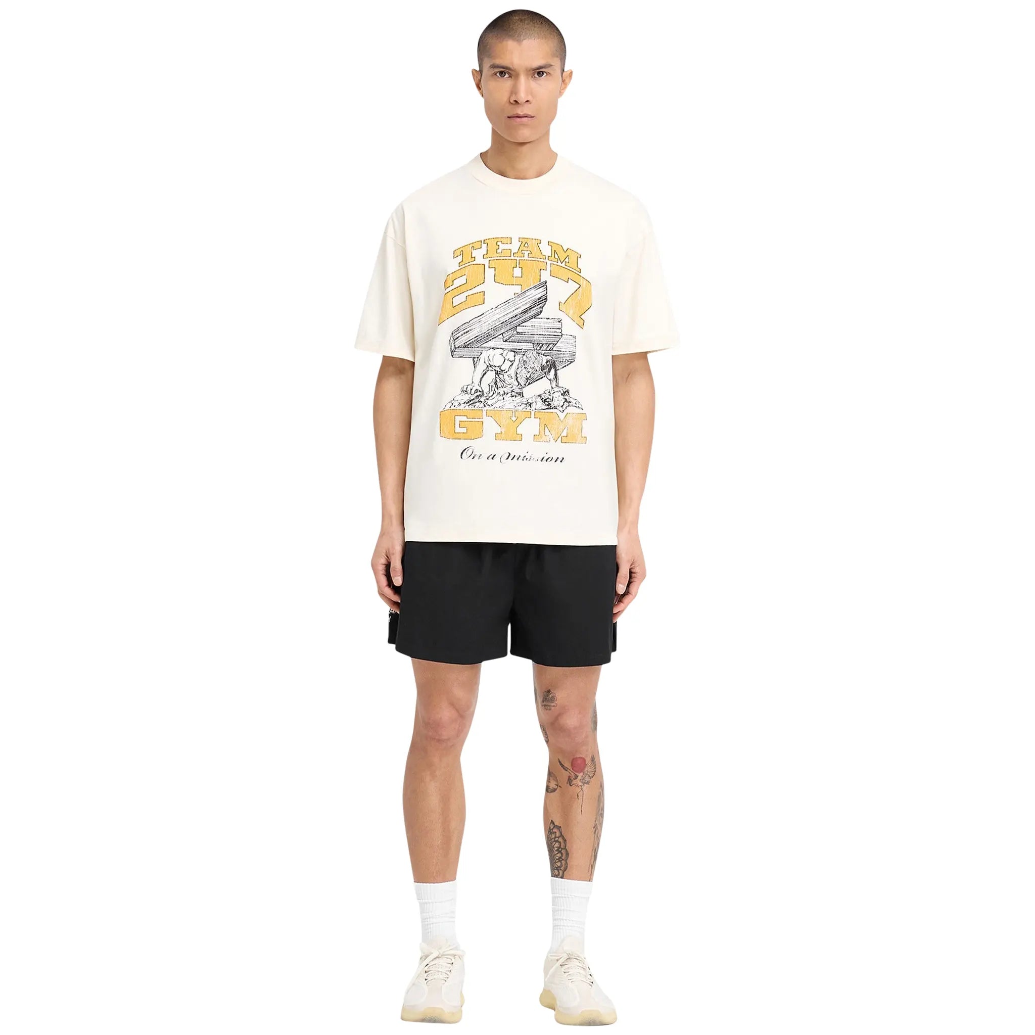 Model Front view of Represent 247 On His Shoulders Antique White T Shirt 247M476-317