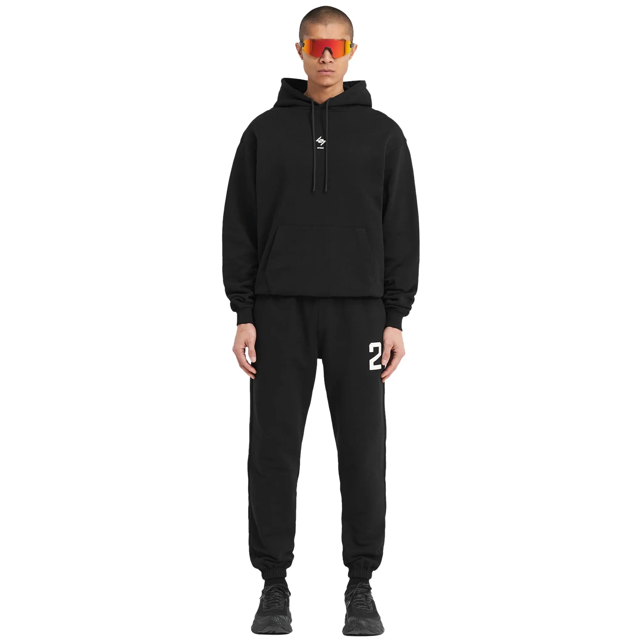 Model Front view of Represent 247 Oversized Jet Black Hoodie 247M458-01