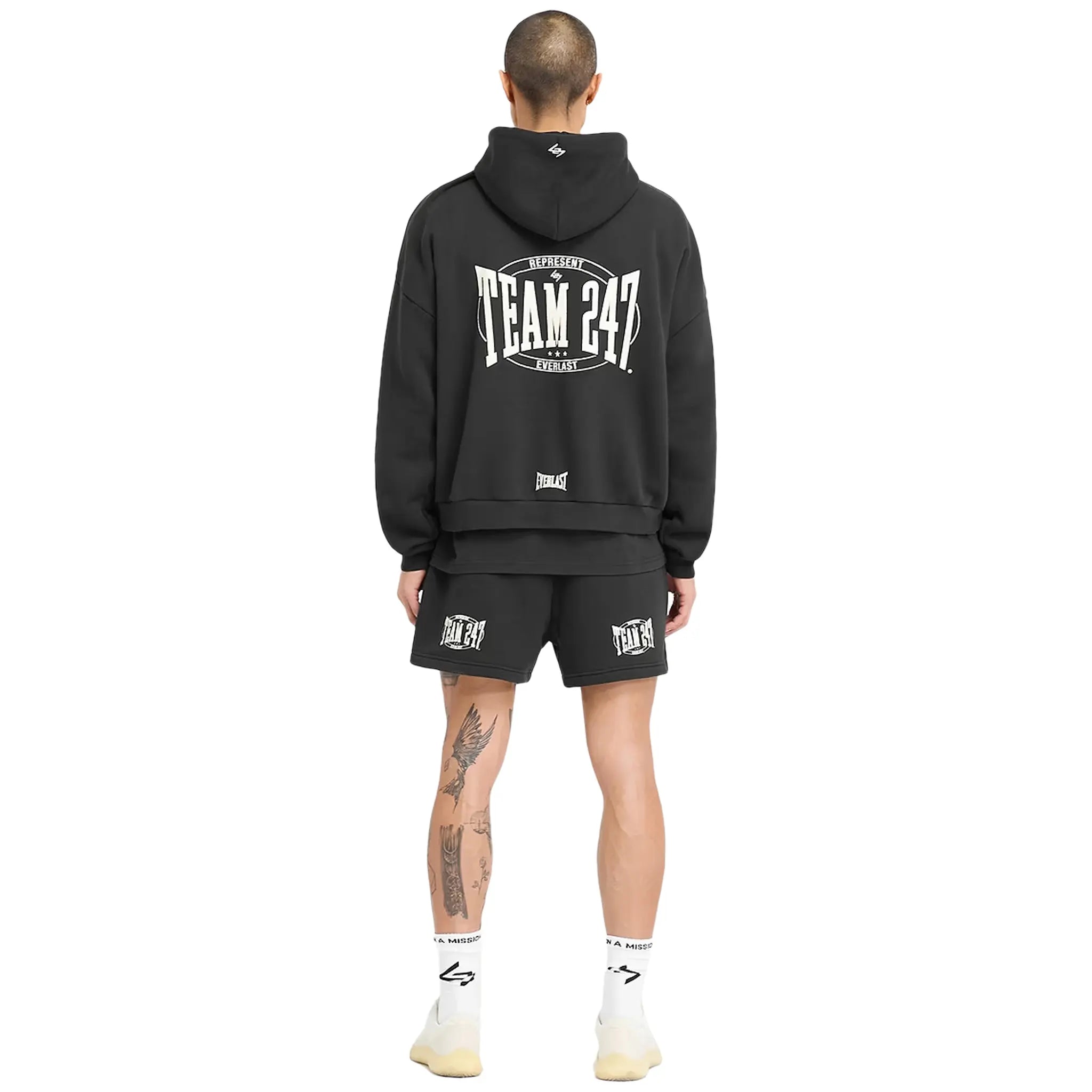 Model Back view of Represent 247 X Everlast Training Camp Boxy Off Black Hoodie 247M4102-171