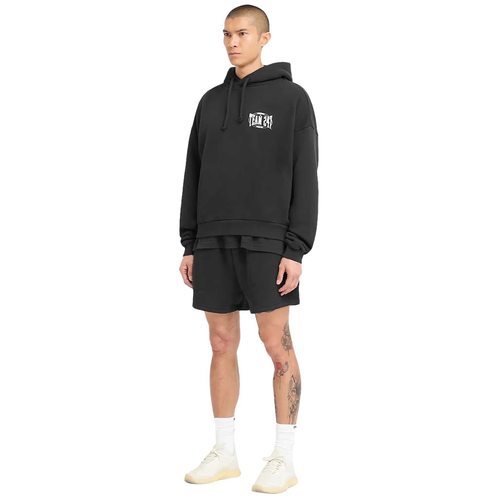 Model Side view of Represent 247 X Everlast Training Camp Boxy Off Black Hoodie 247M4102-171