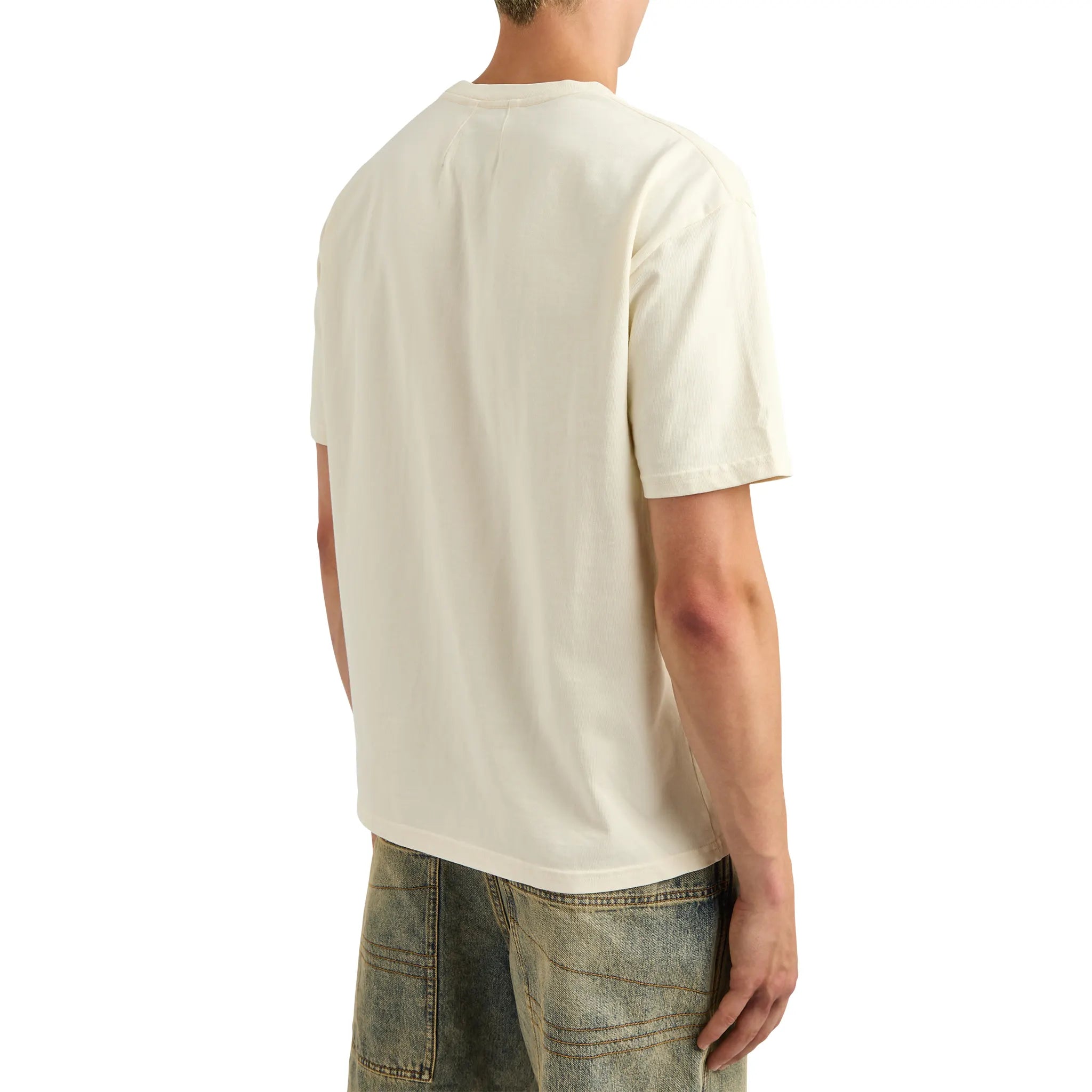 Model back view of Rhude Chateau Vintage White T Shirt RHPF24TT06012