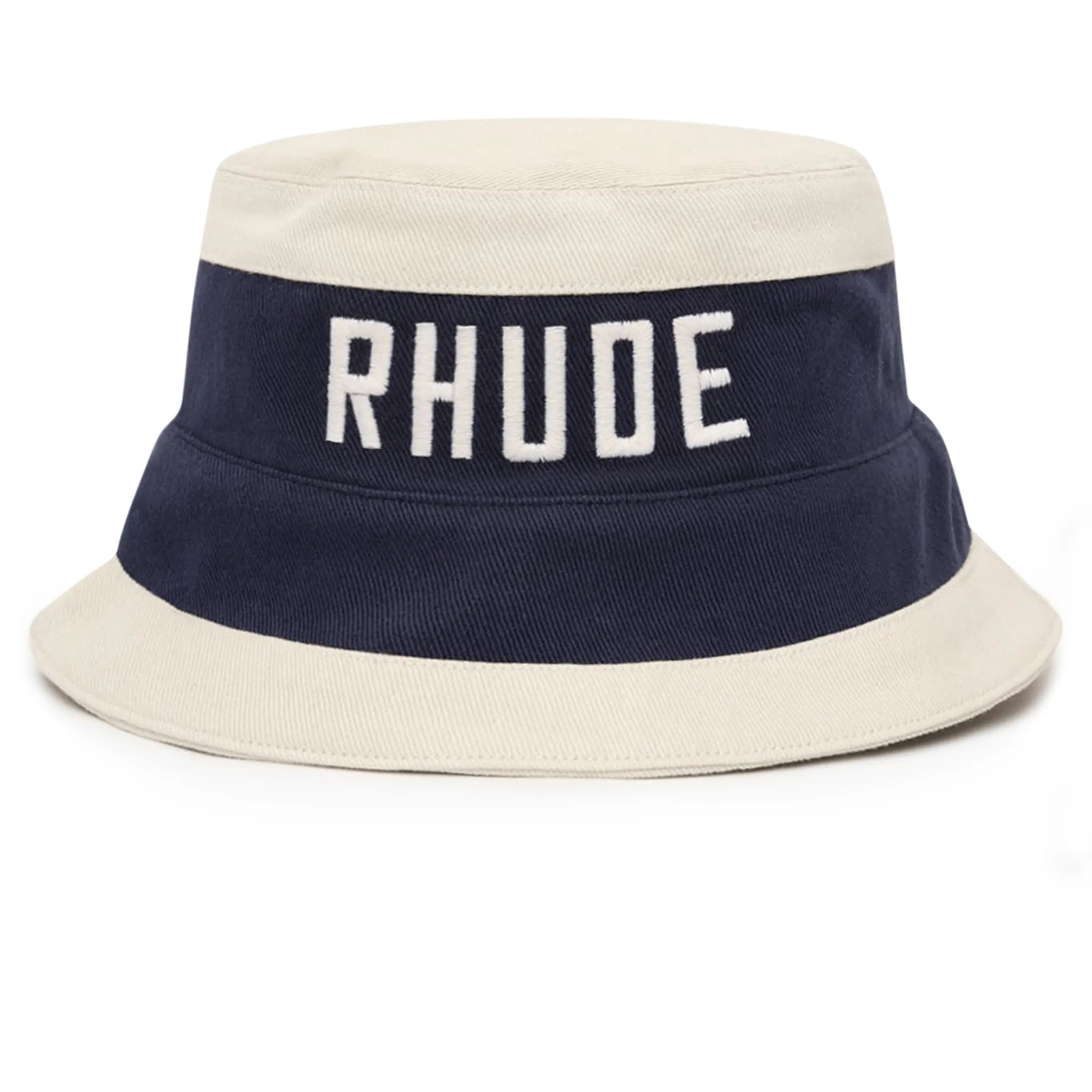 Front view of Rhude East Hampton Midnight Blue Cream Bucket Hat SS24HA123202772277