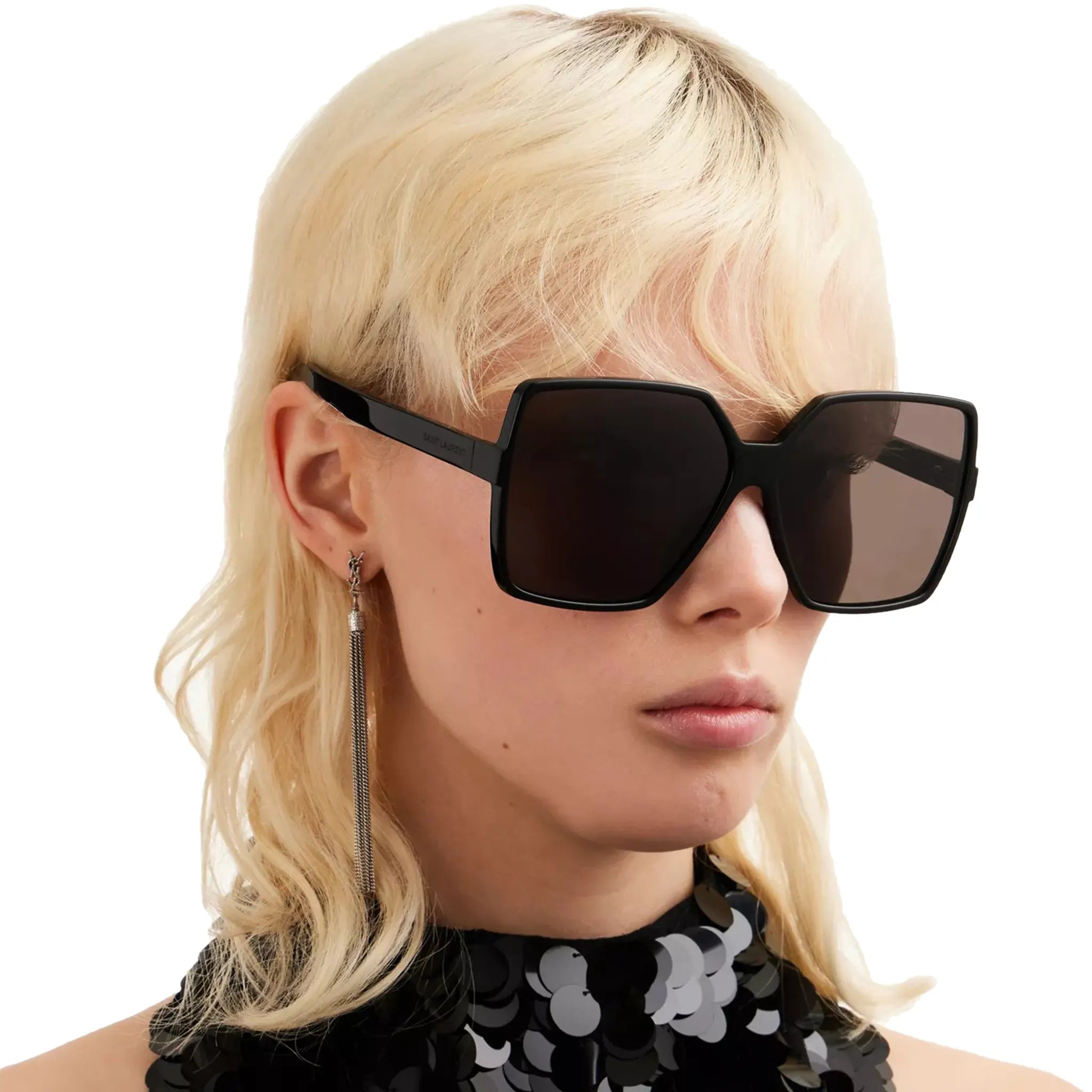 Model side view of Saint Laurent SL 232 001 Betty Black Sunglasses