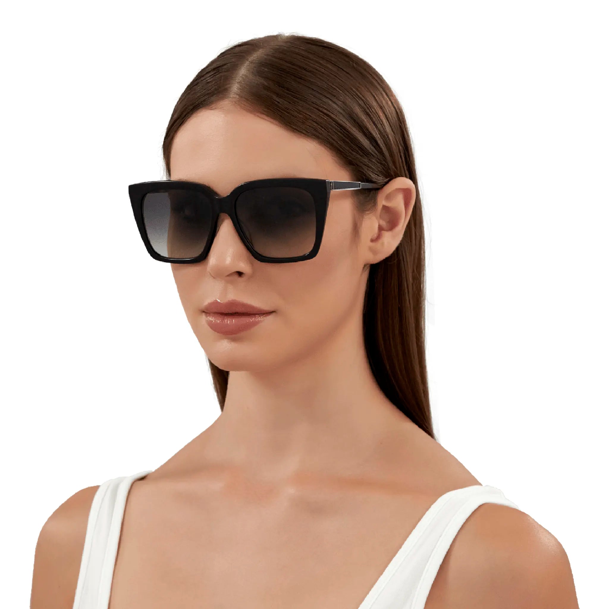 Model side view of Saint Laurent SL M100 002 56 Black Gold Sunglasses