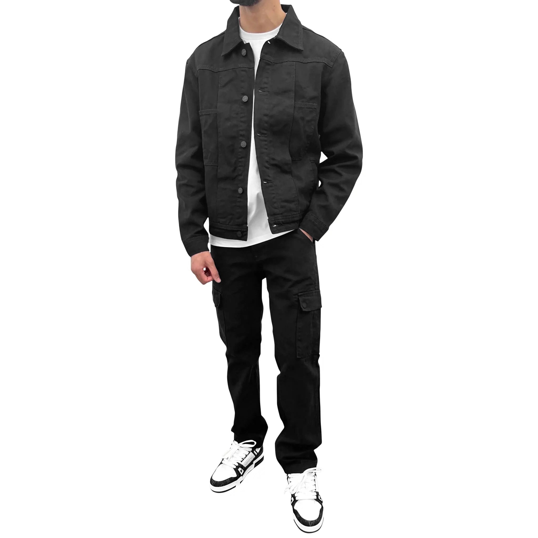 Model view of SIARR Black Denim Cargo Pants