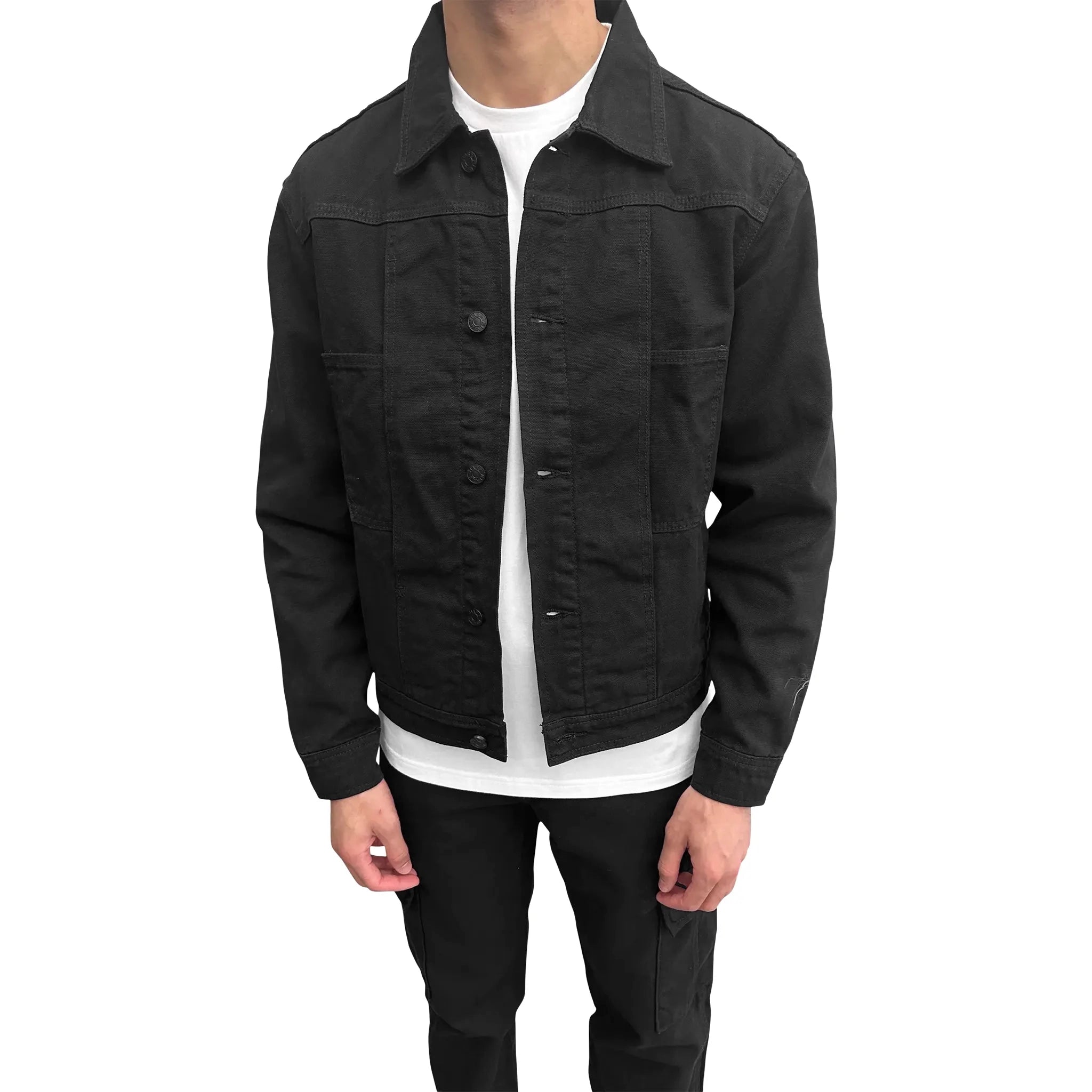 Model front view of SIARR Black Denim Jacket 