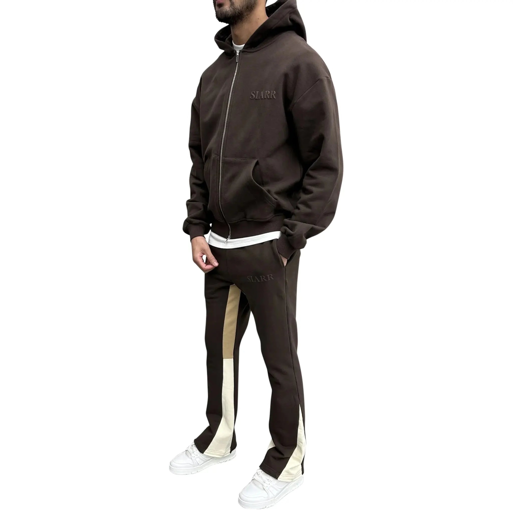 Model side view of SIARR Brown Flared Joggers 