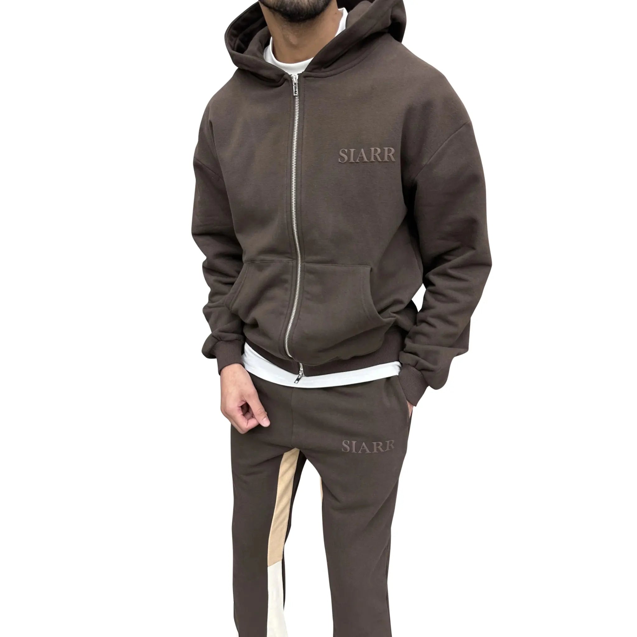 Model front view of SIARR Brown Zip-Up Hoodie