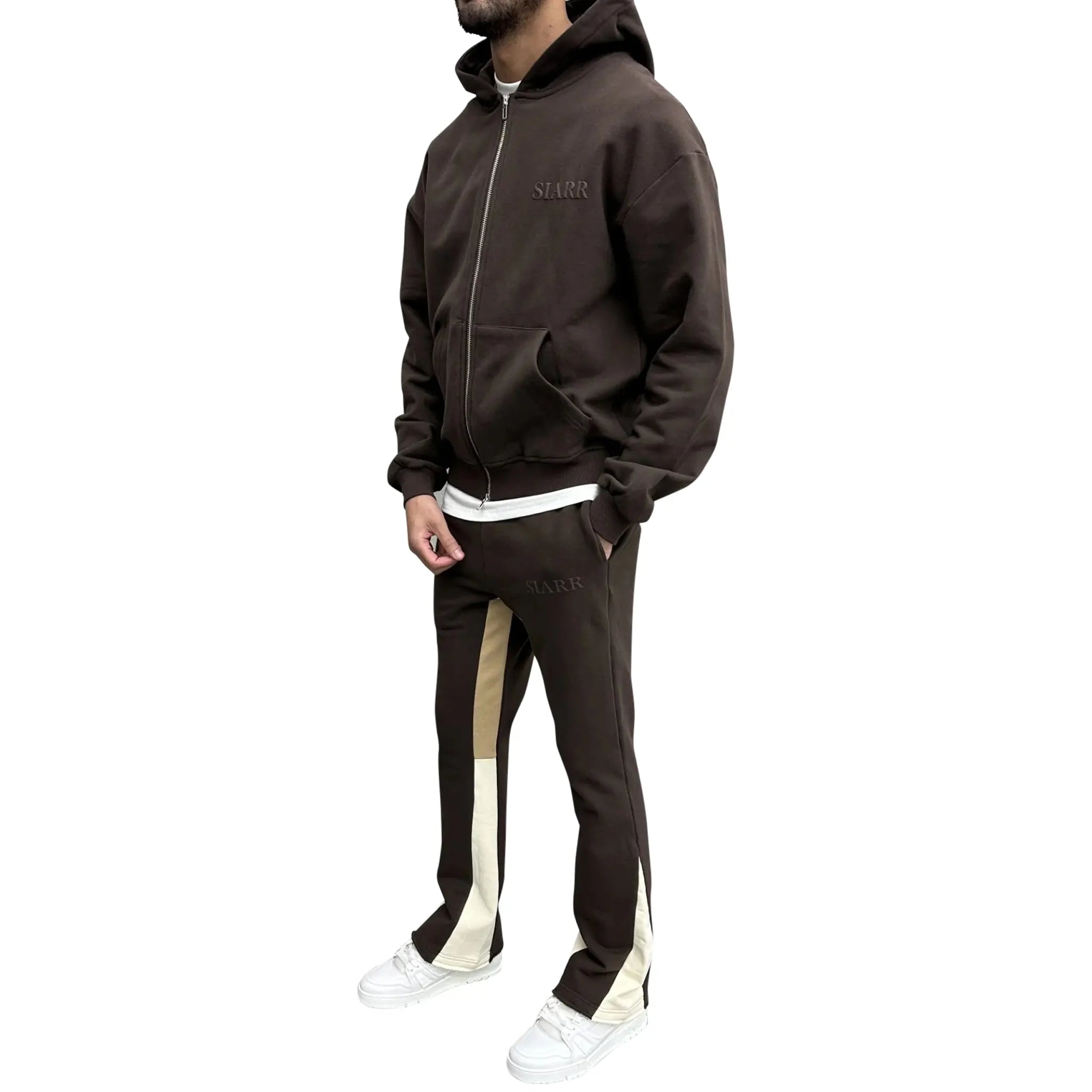 Model front view of SIARR Brown Zip-Up Hoodie