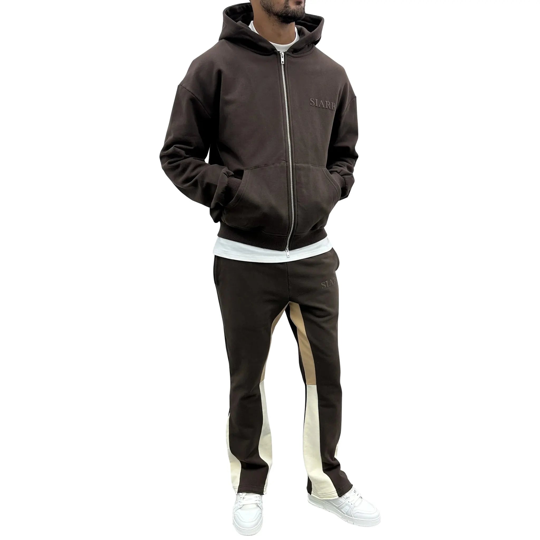 Model front view of SIARR Brown Zip-Up Hoodie