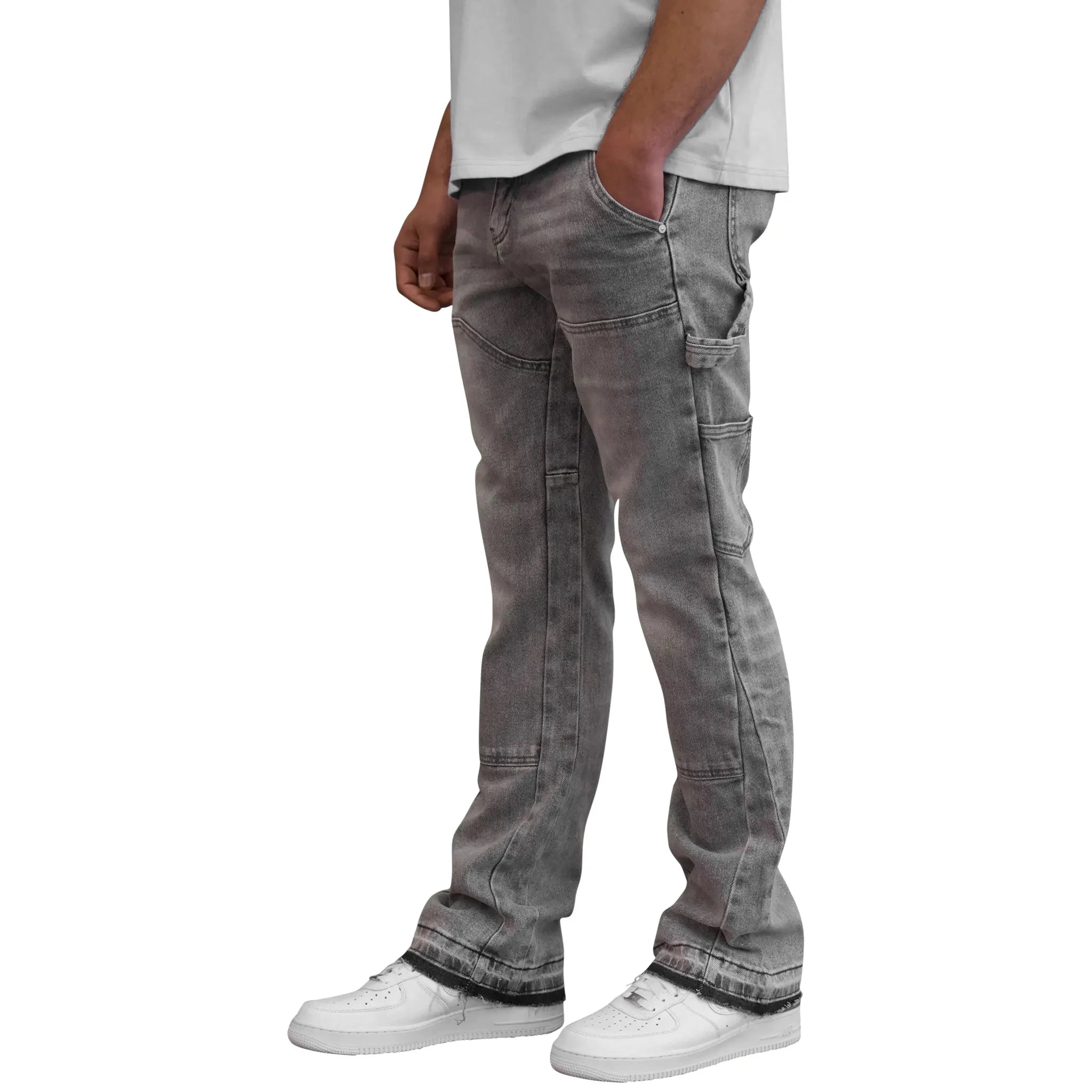 Model side view of SIARR Carpenter Jeans Light Grey