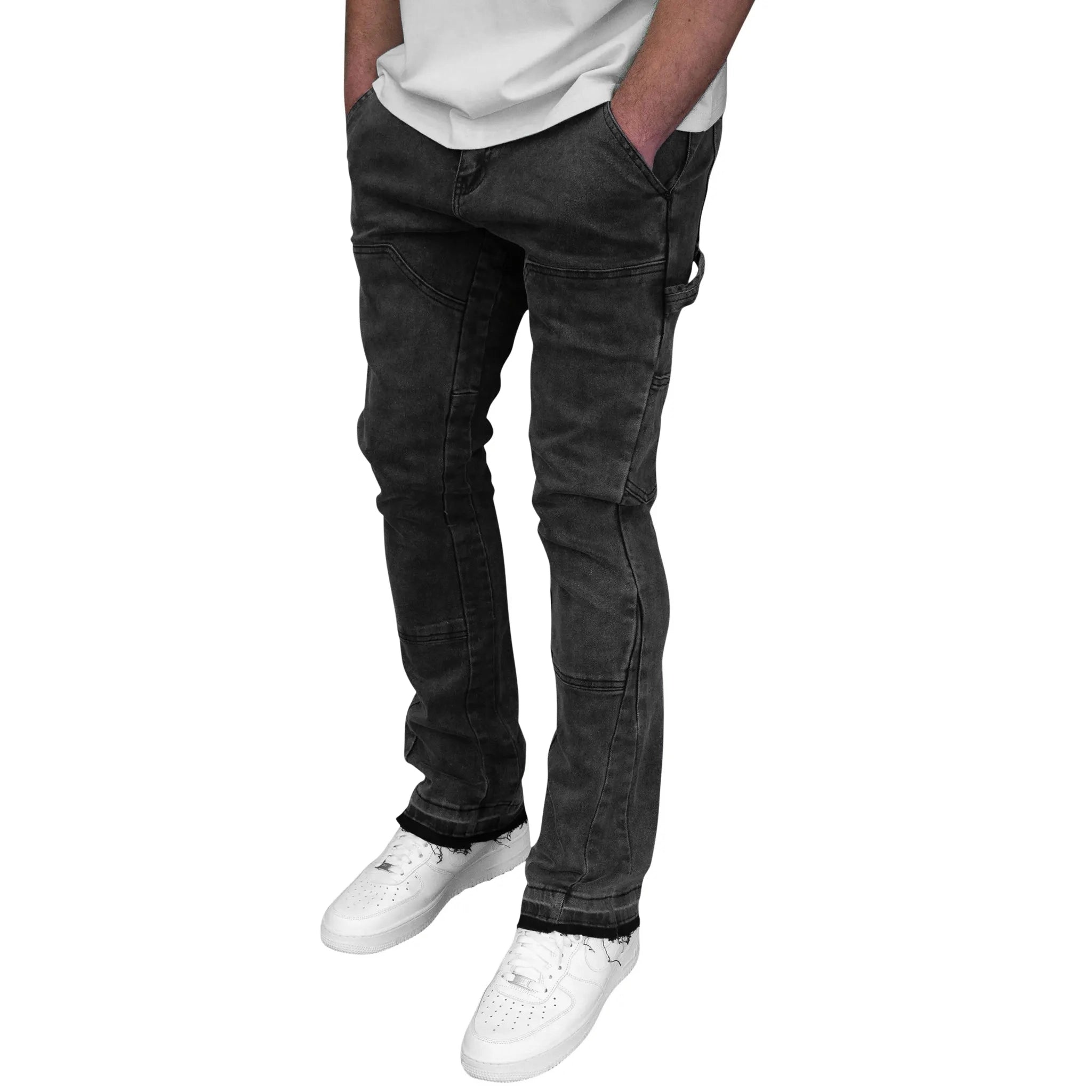 Model side view of SIARR Carpenter Jeans Washed Black