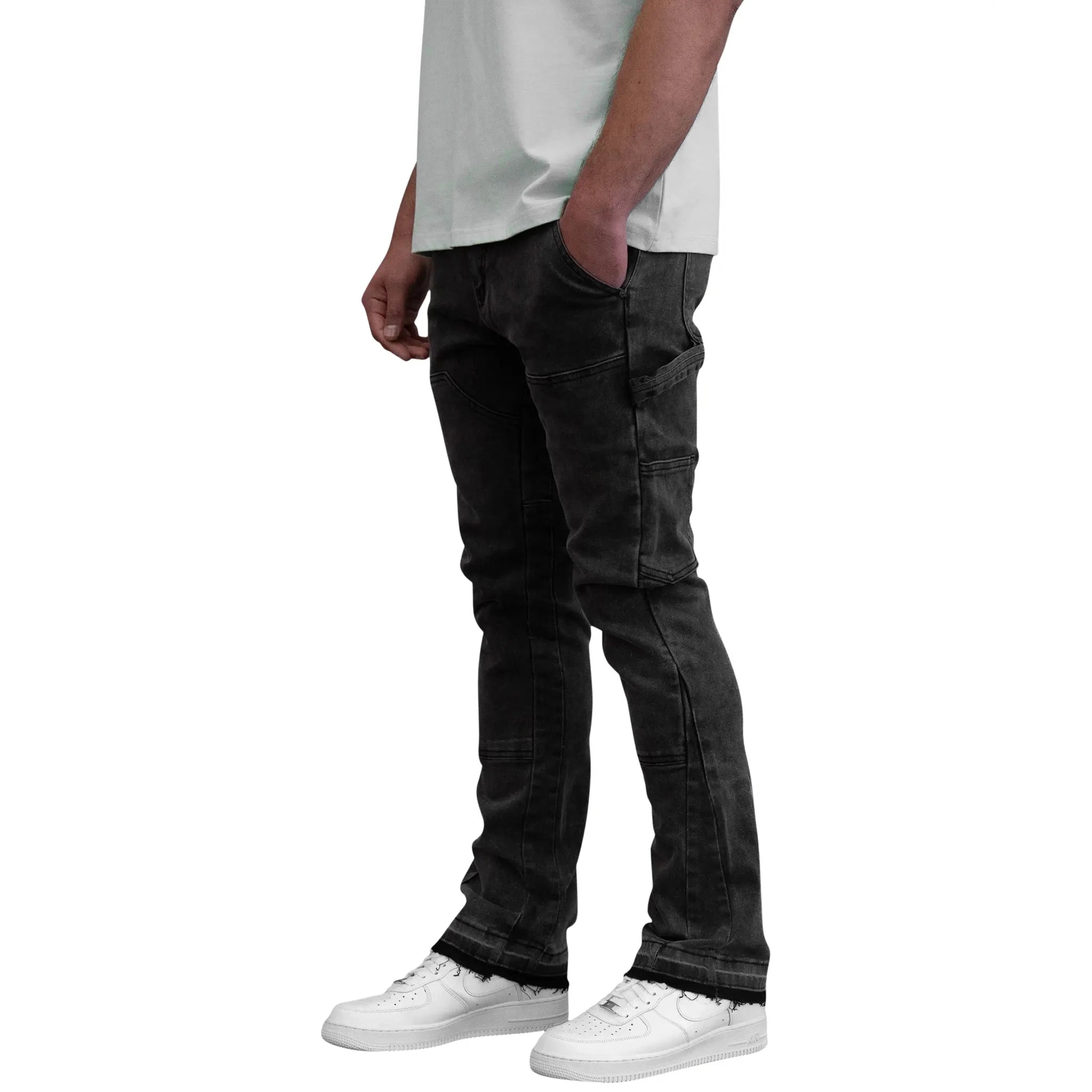 Model side view of SIARR Carpenter Jeans Washed Black