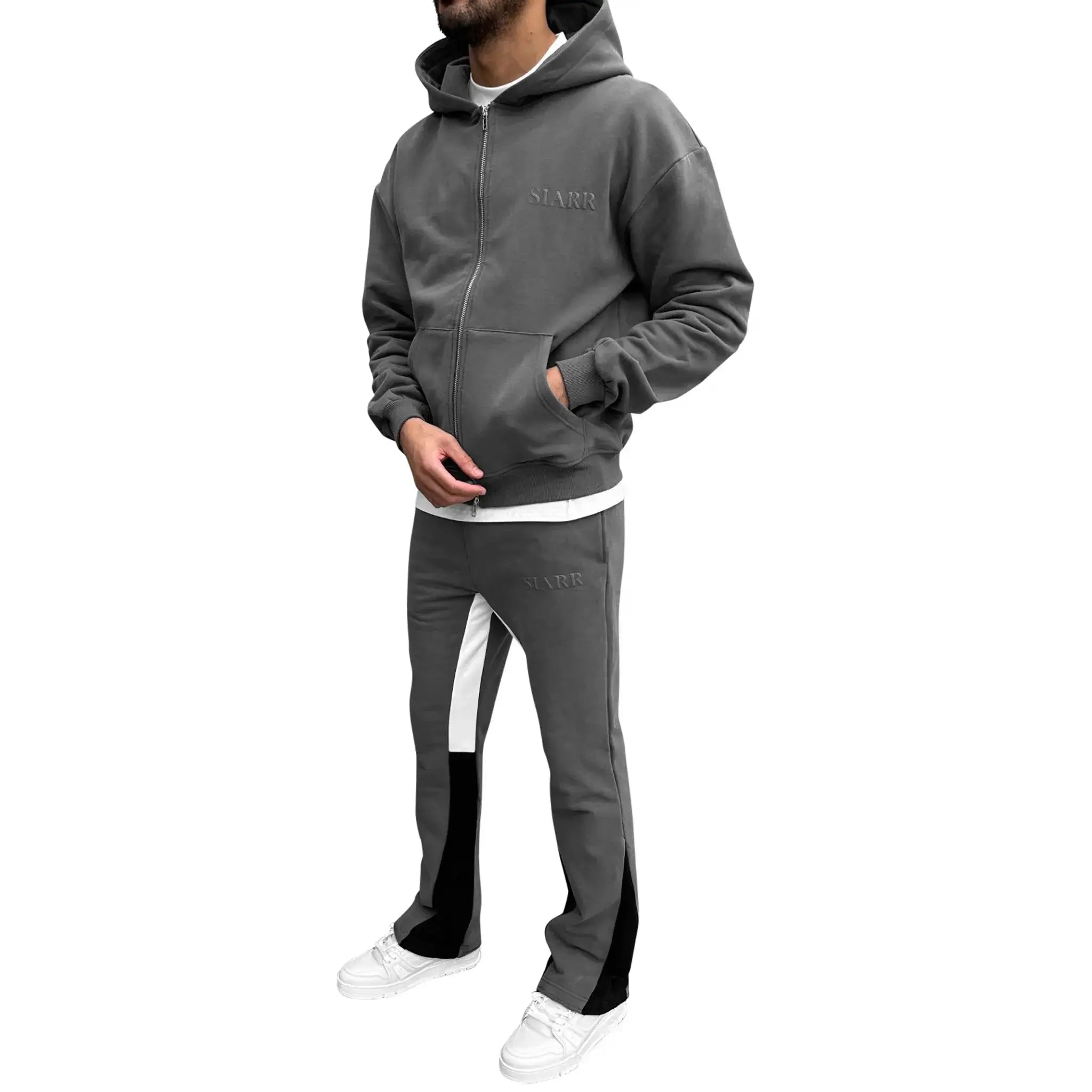 Model front view of SIARR Dark Grey Flared Joggers 