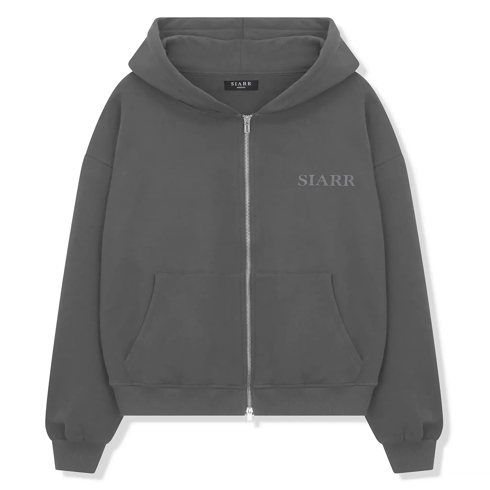 Front view of SIARR Dark Grey Zip-Up Hoodie