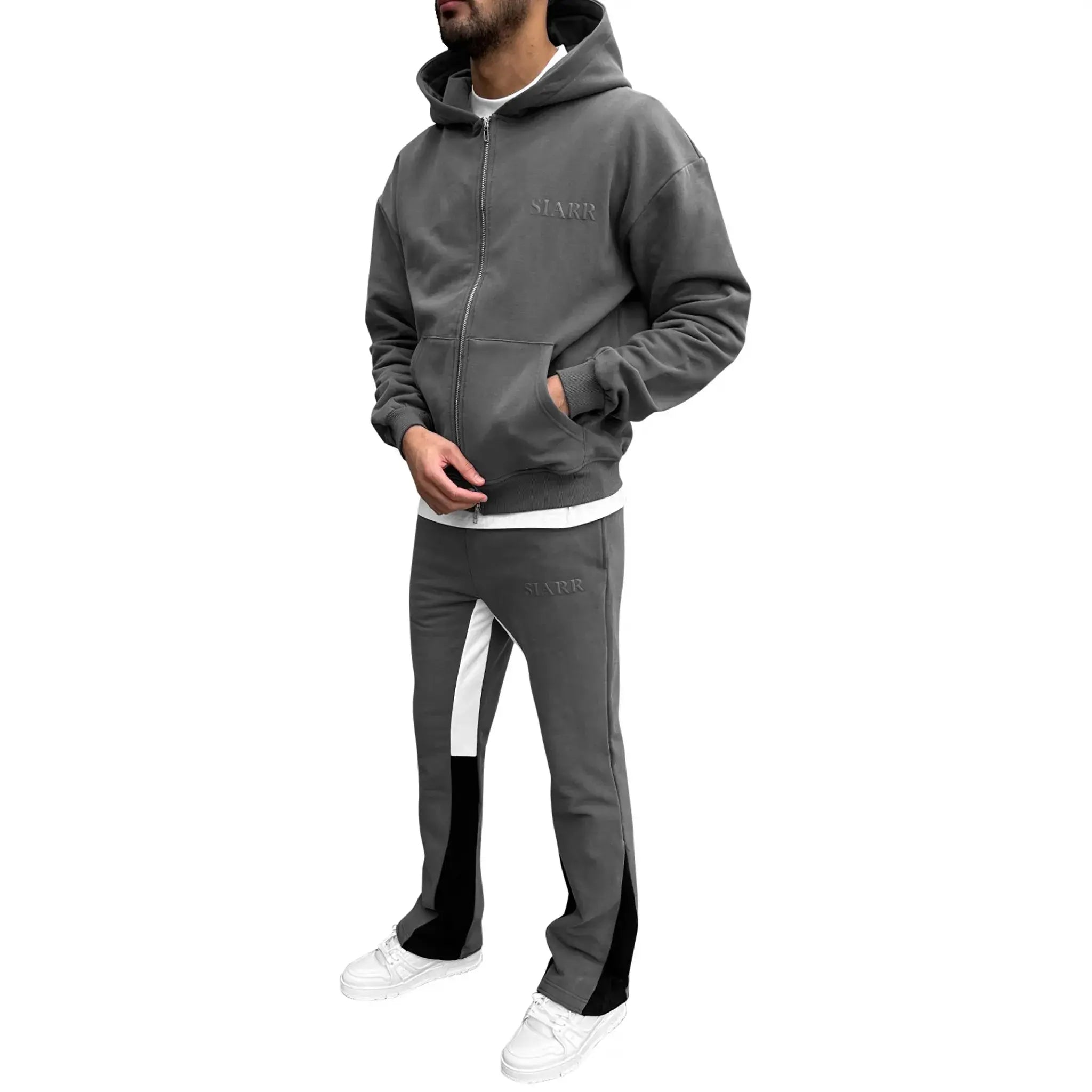 Model front side view of SIARR Dark Grey Zip-Up Hoodie