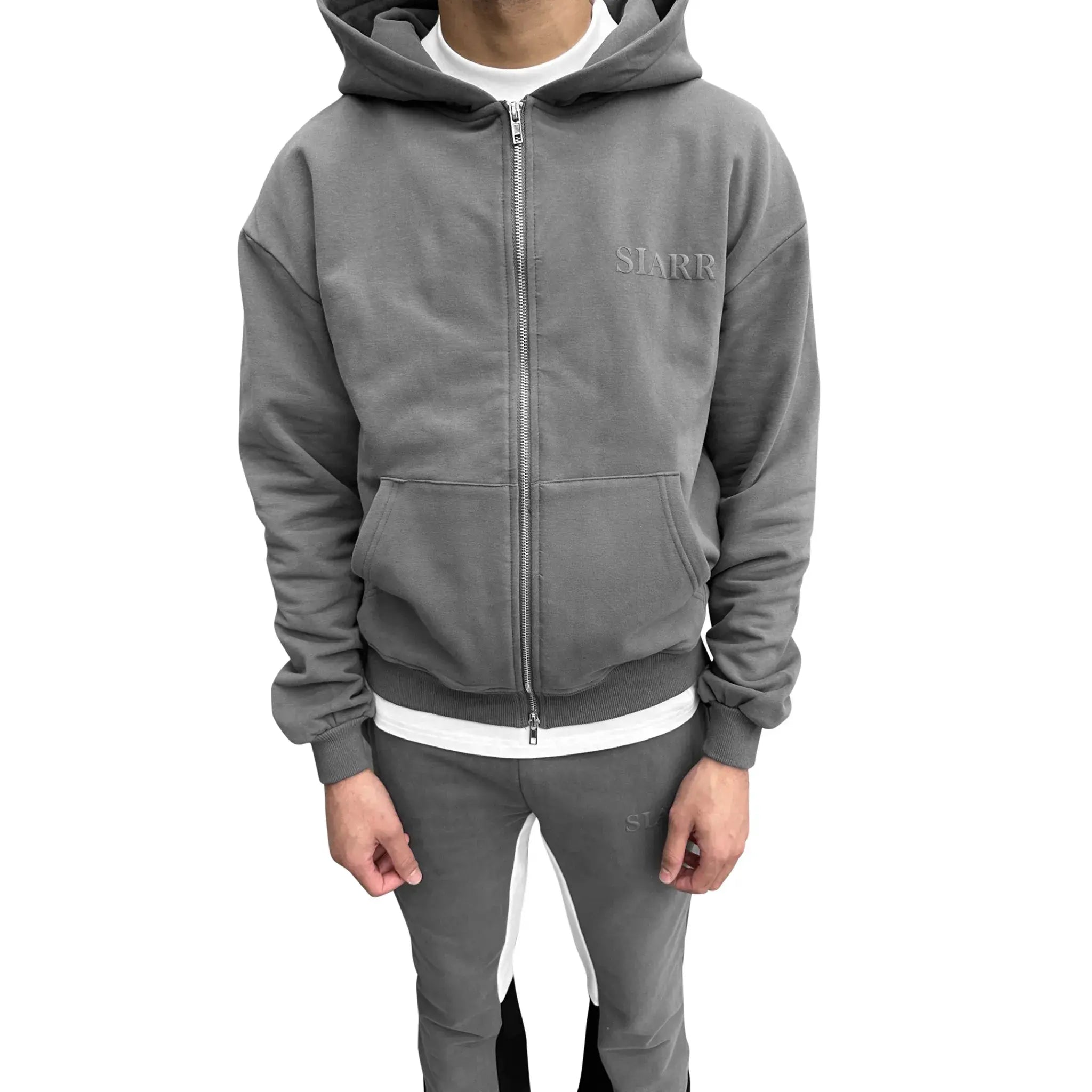 Model front view of SIARR Dark Grey Zip-Up Hoodie