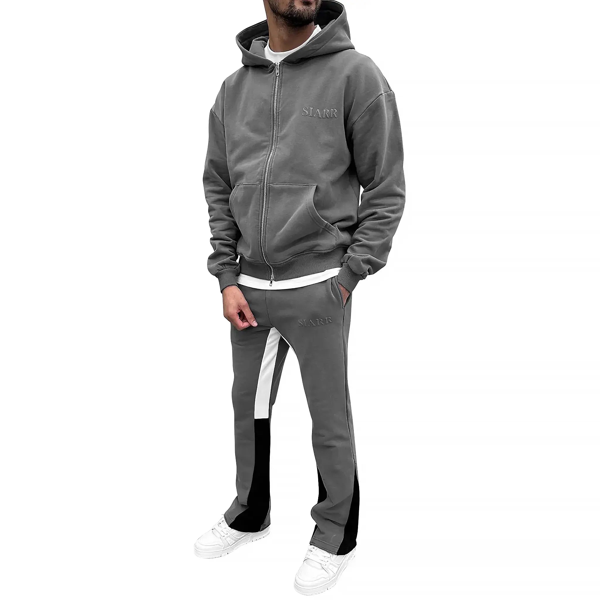 Model front view of SIARR Dark Grey Zip-Up Hoodie