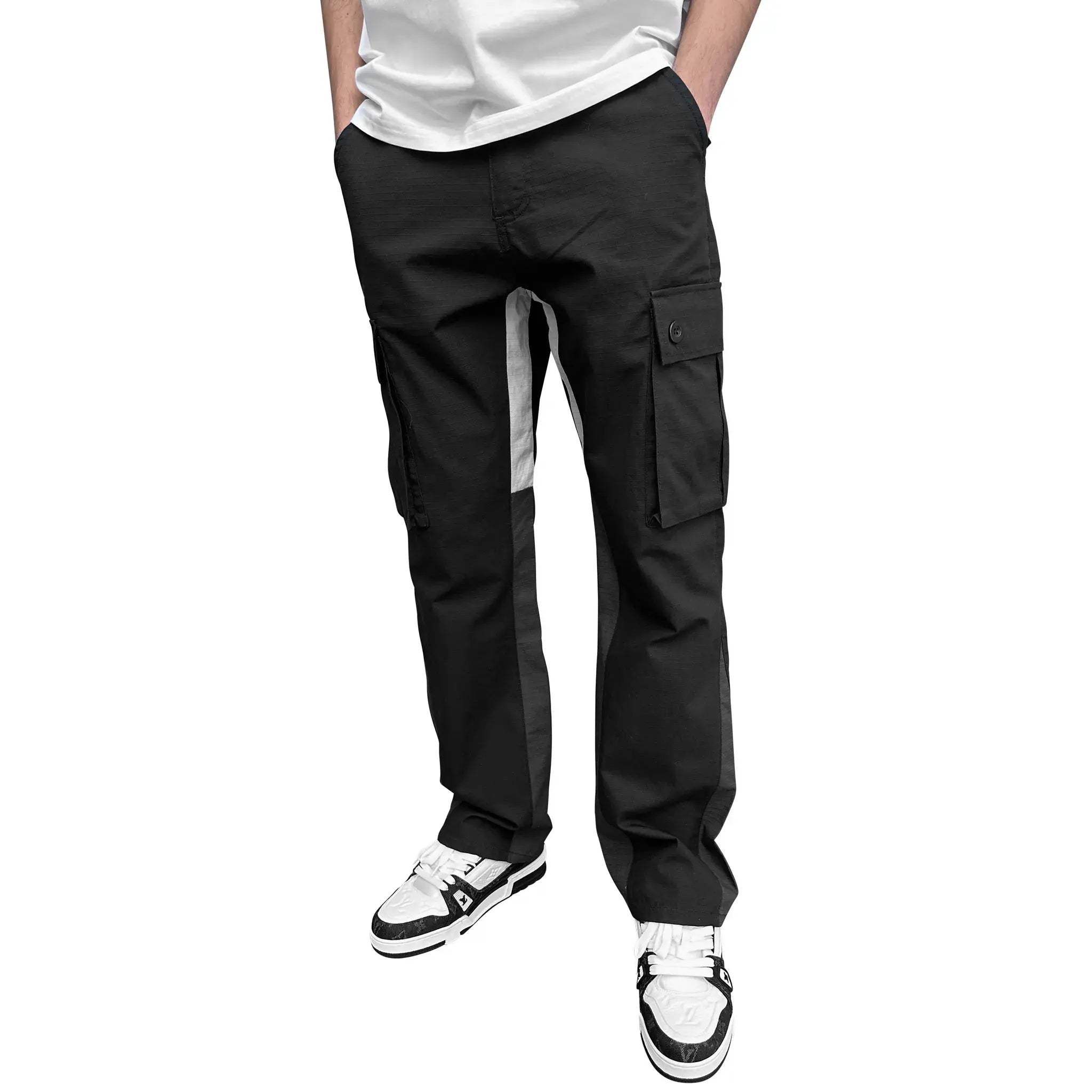 Model front view of siarr flared black cargo pants front