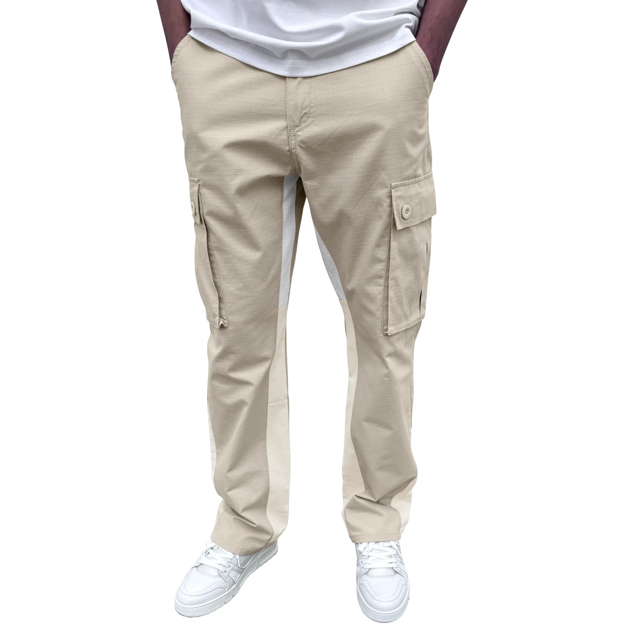 Model front view of SIARR Flared Cream Cargo Pants Front