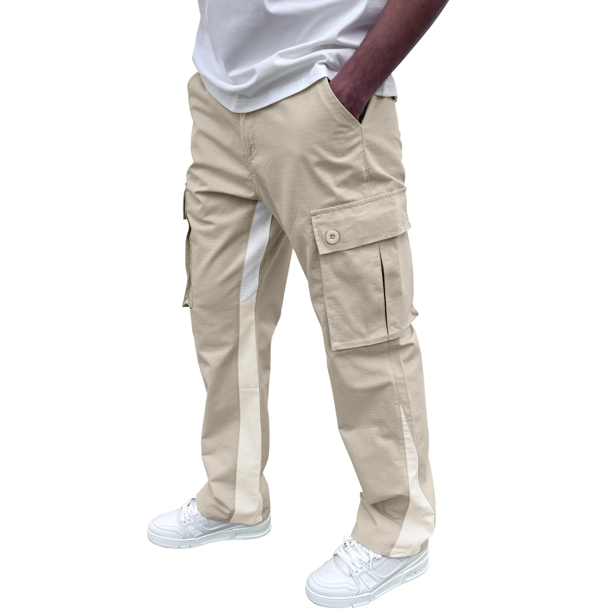 Model side view of SIARR Flared Cream Cargo Pants Front