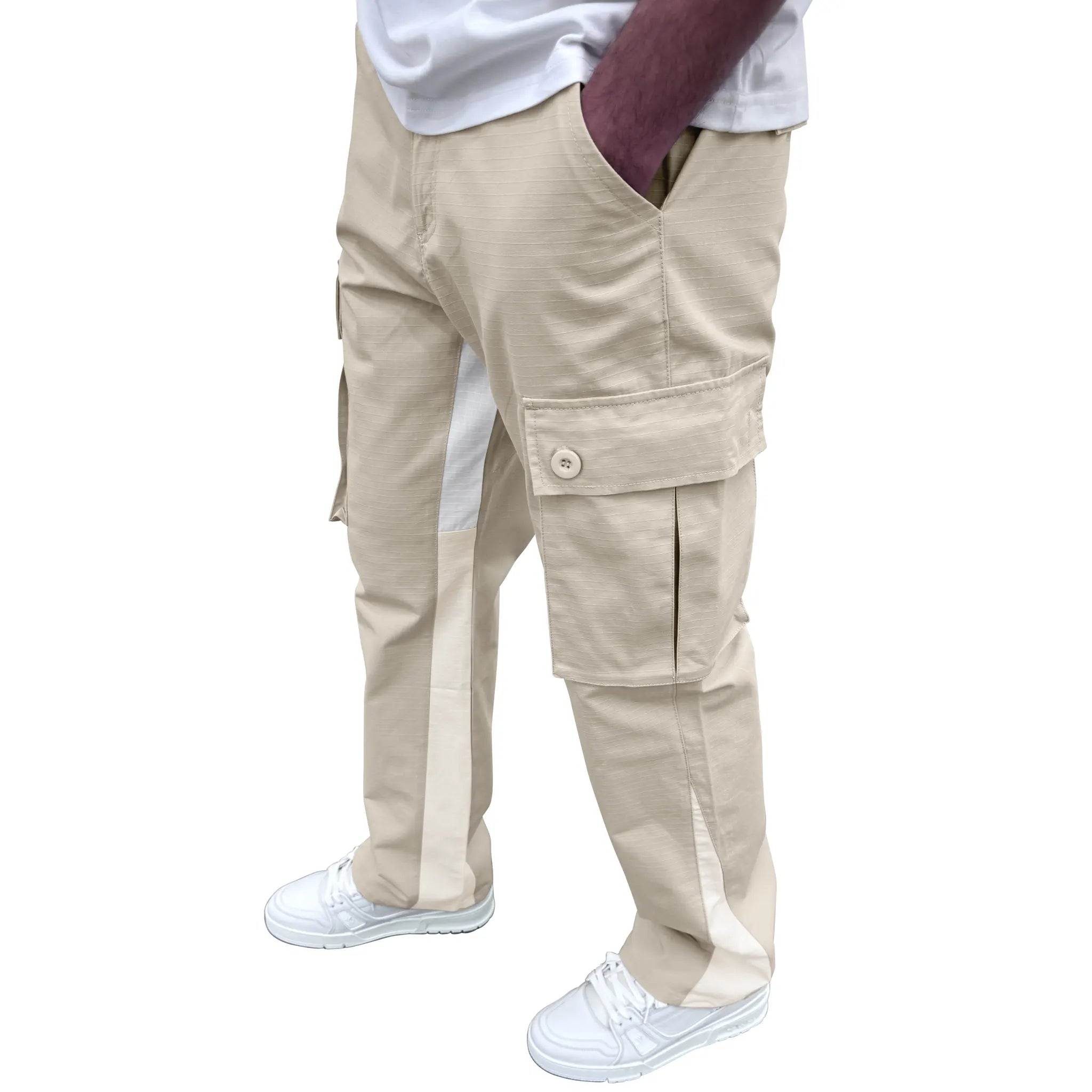 Model side view of SIARR Flared Cream Cargo Pants Front