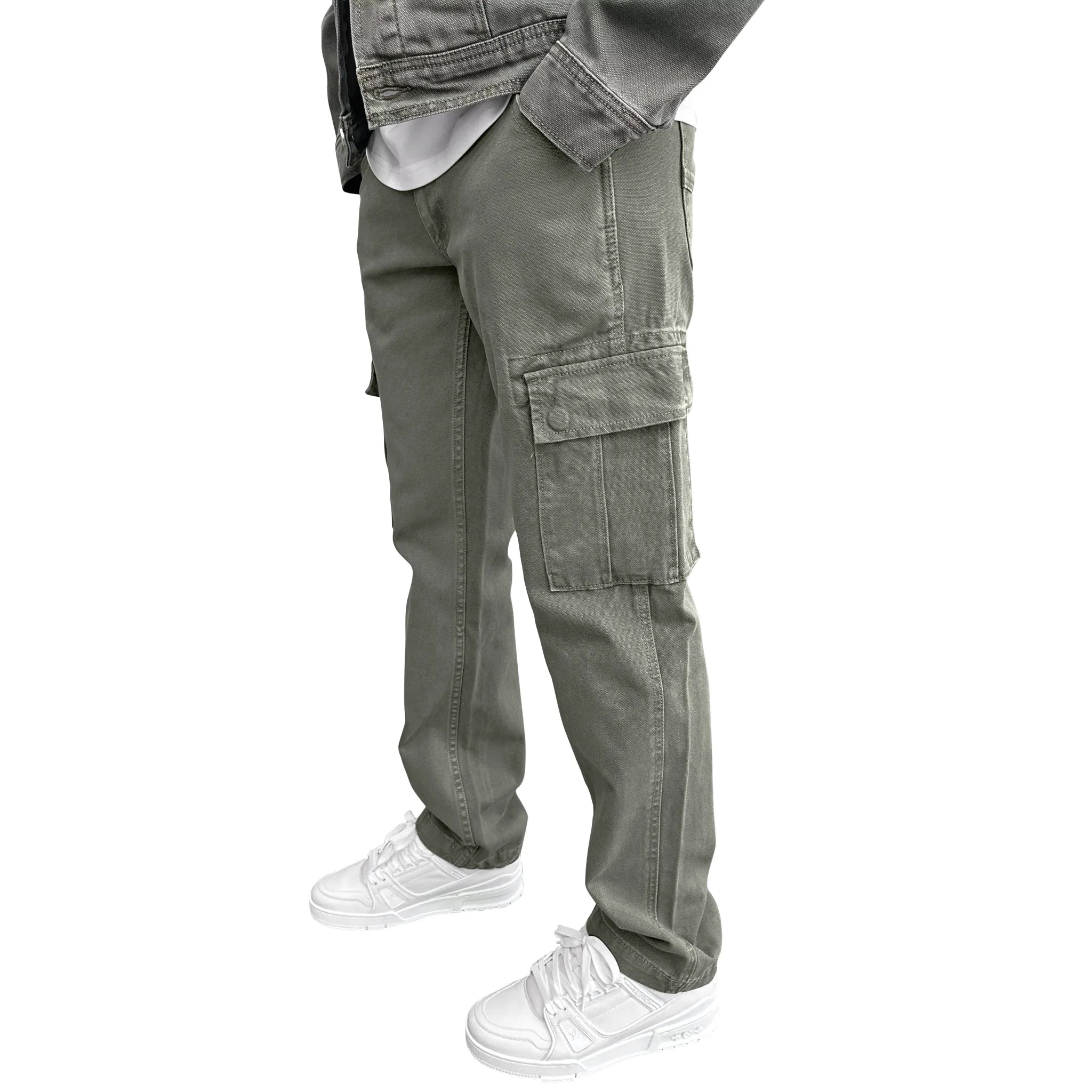 Model side view of SIARR Green Denim Cargo Pants