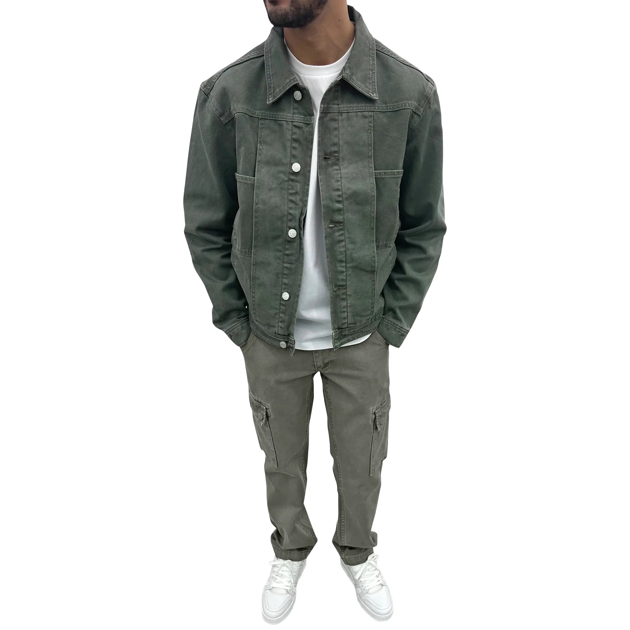 Model view of SIARR Green Denim Cargo Pants