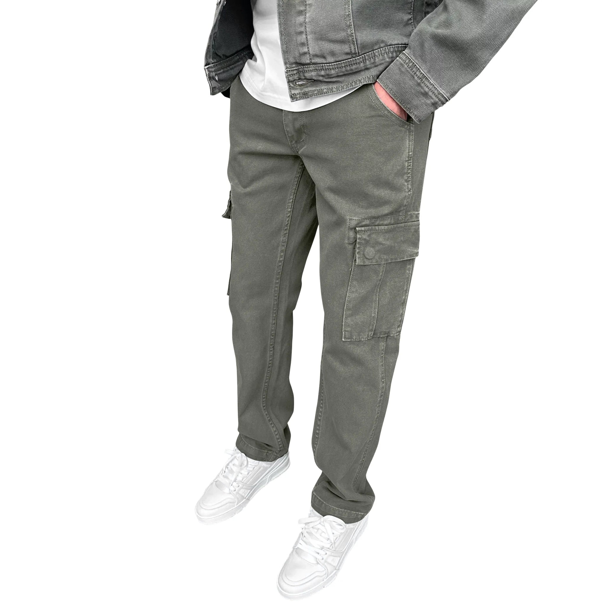 Model front view of SIARR Green Denim Cargo Pants