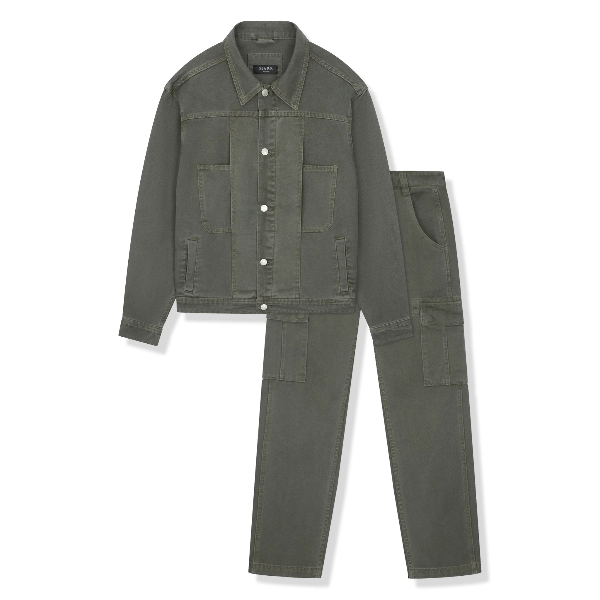 Front view of SIARR Green Denim Jacket & Cargo Pants