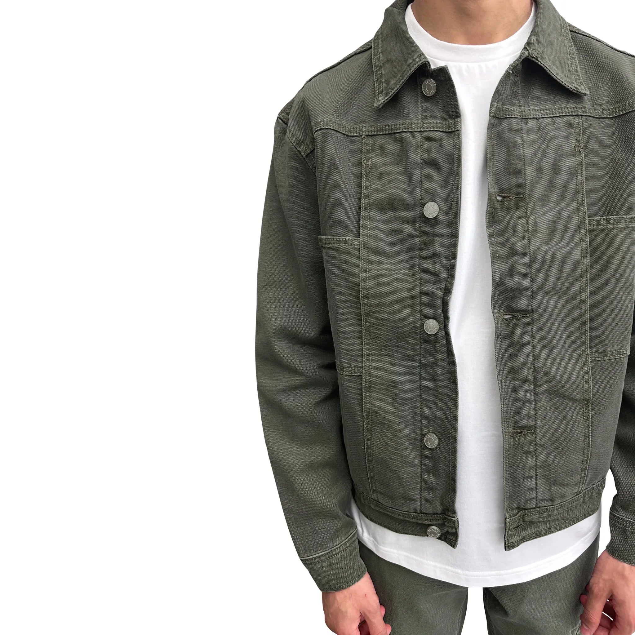 Model front view of SIARR Green Denim Jacket