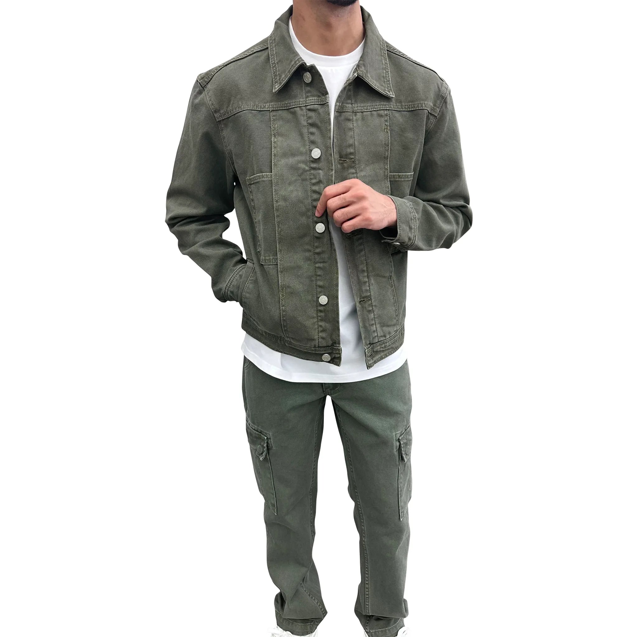 Model view of SIARR Green Denim Jacket