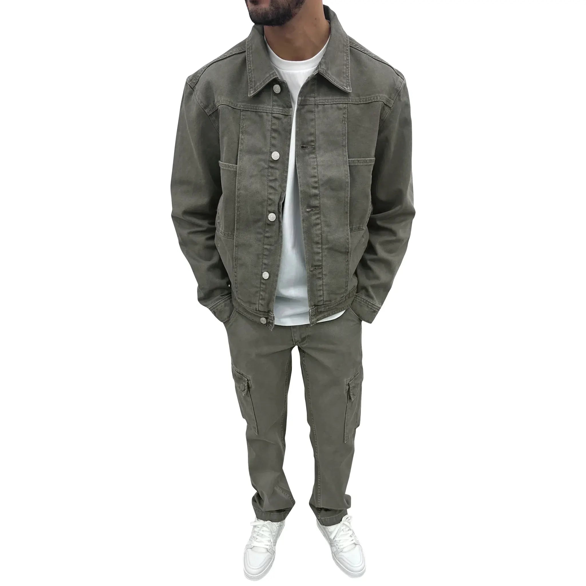 Model front view of SIARR Green Denim Jacket & Cargo Pants