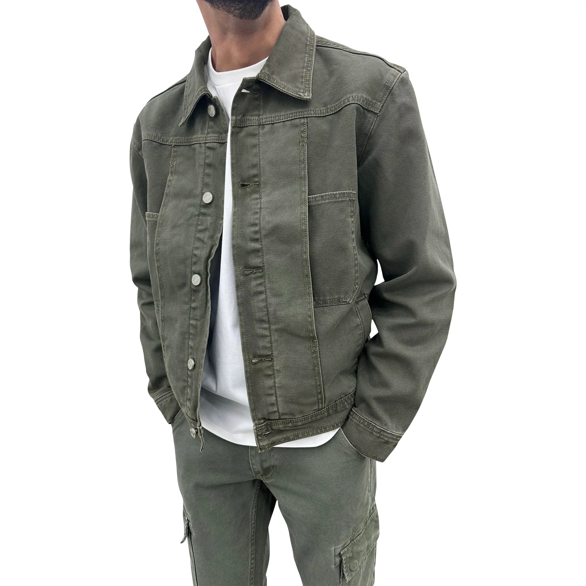 Model front view of SIARR Green Denim Jacket