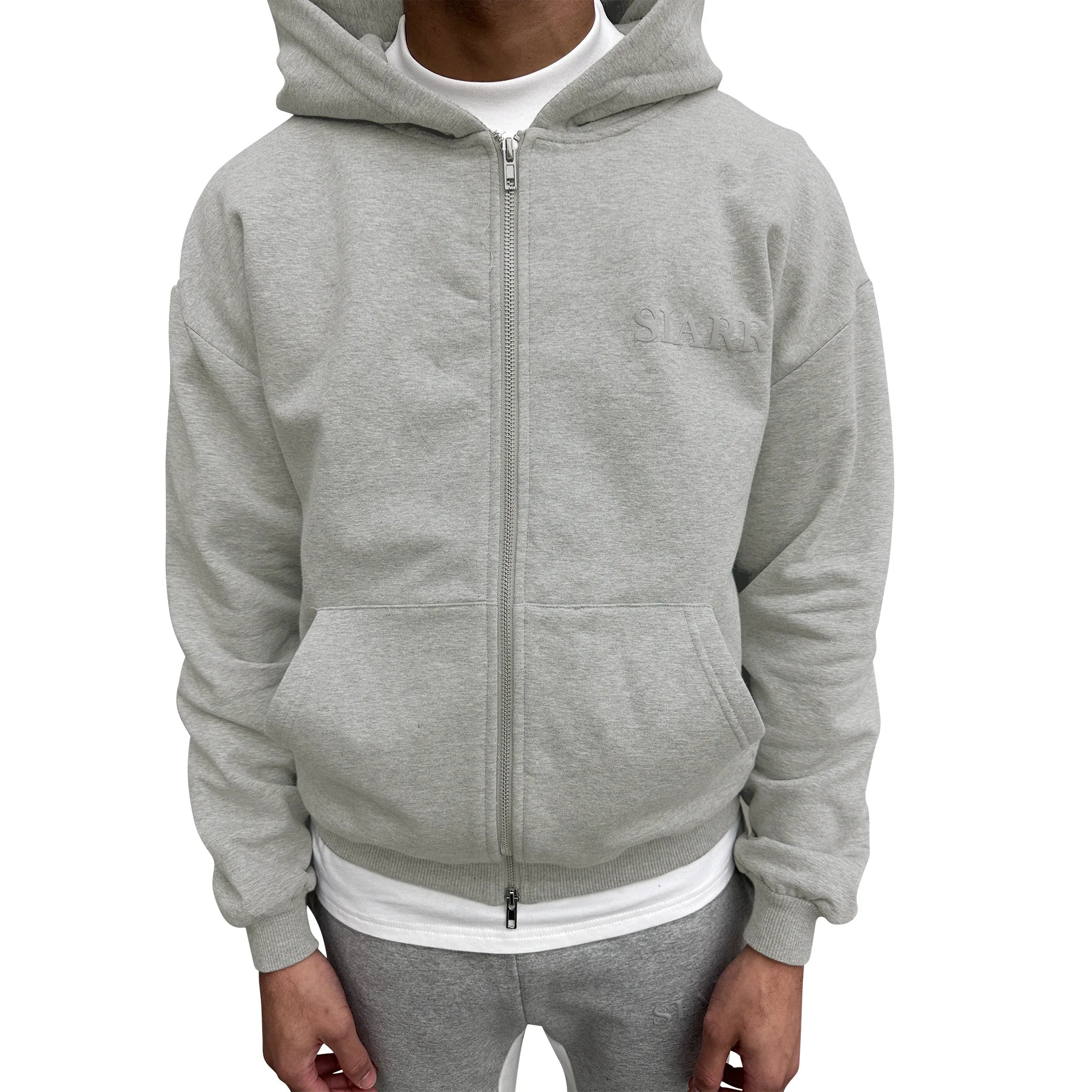 Model front view of SIARR Light Grey Zip-Up Hoodie 