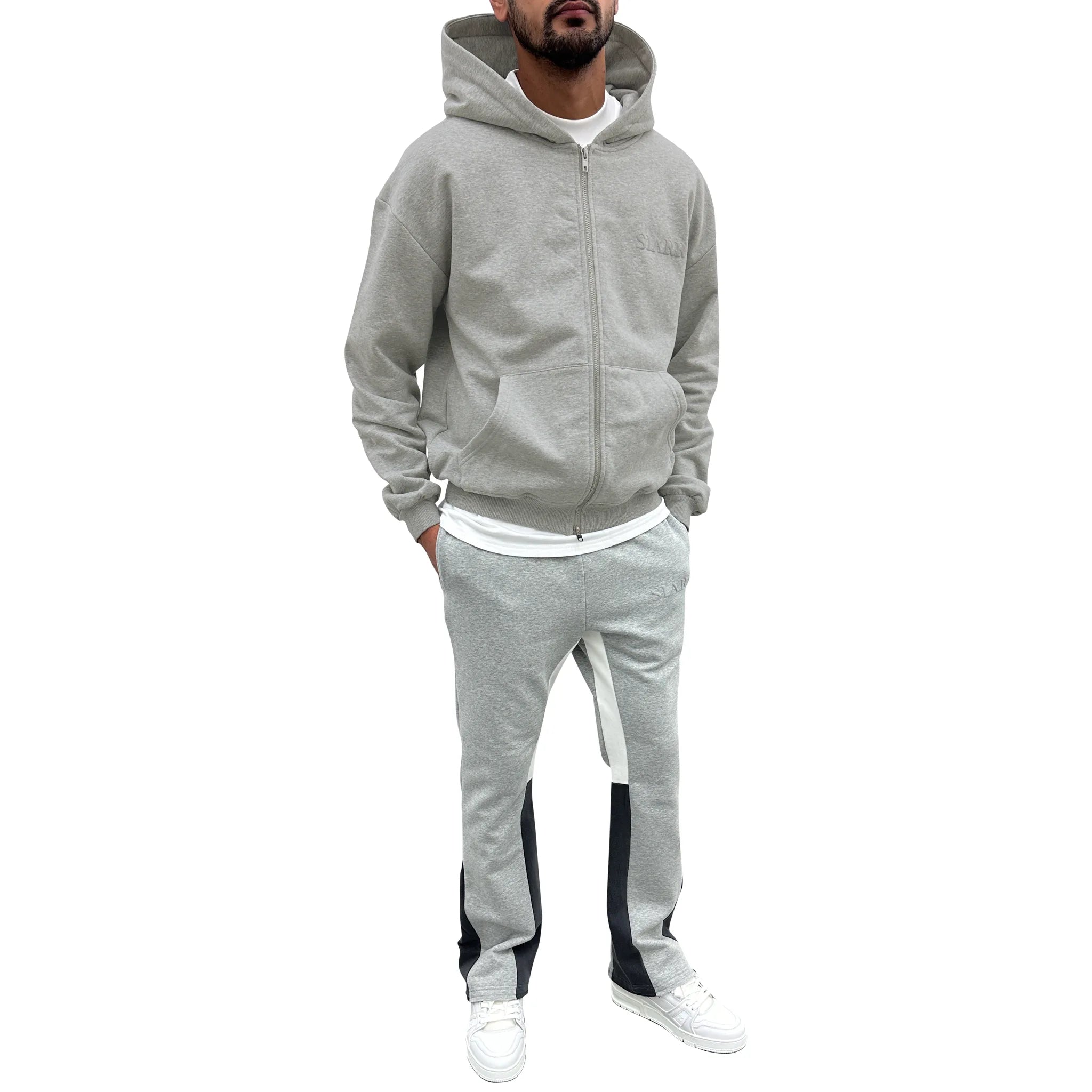 Model front view of SIARR Light Grey Zip-Up Hoodie 